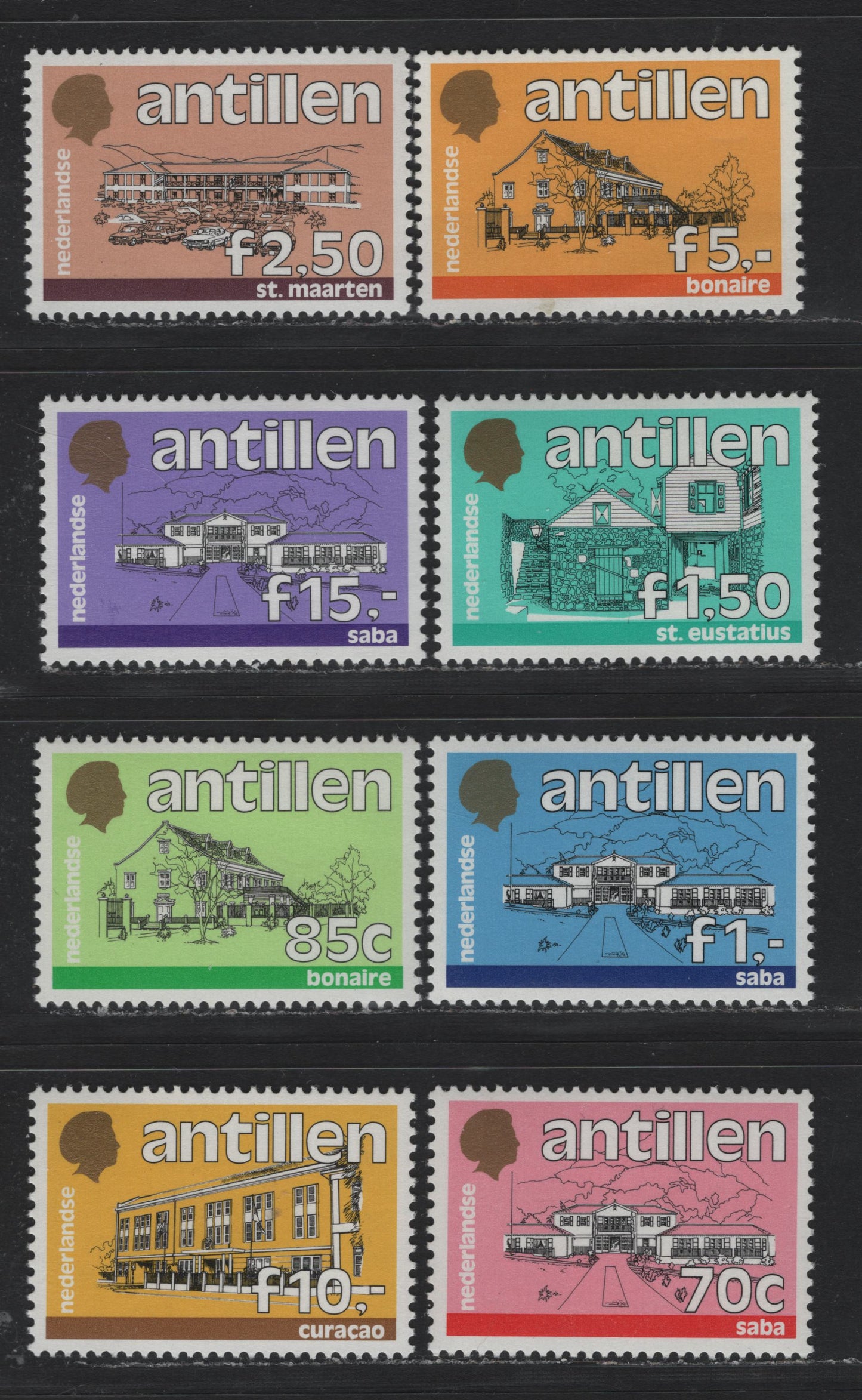 Lot 180 Netherlands Antilles SC#543A-555 70c -15g Saba , 1985-1989 Gov't Building Issue, 8 VFNH Singles