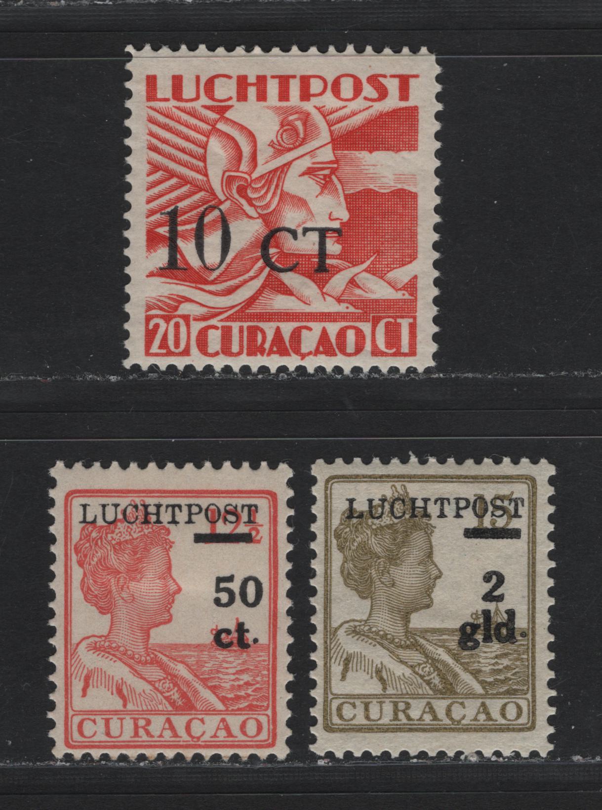 Lot 181 Netherlands Antilles SC#C1, C3, C17 50c on 12.5c - 10c on 20c Red , 1929-1934 Airmail Surcharged Issue, 3 F/VFOG Singles