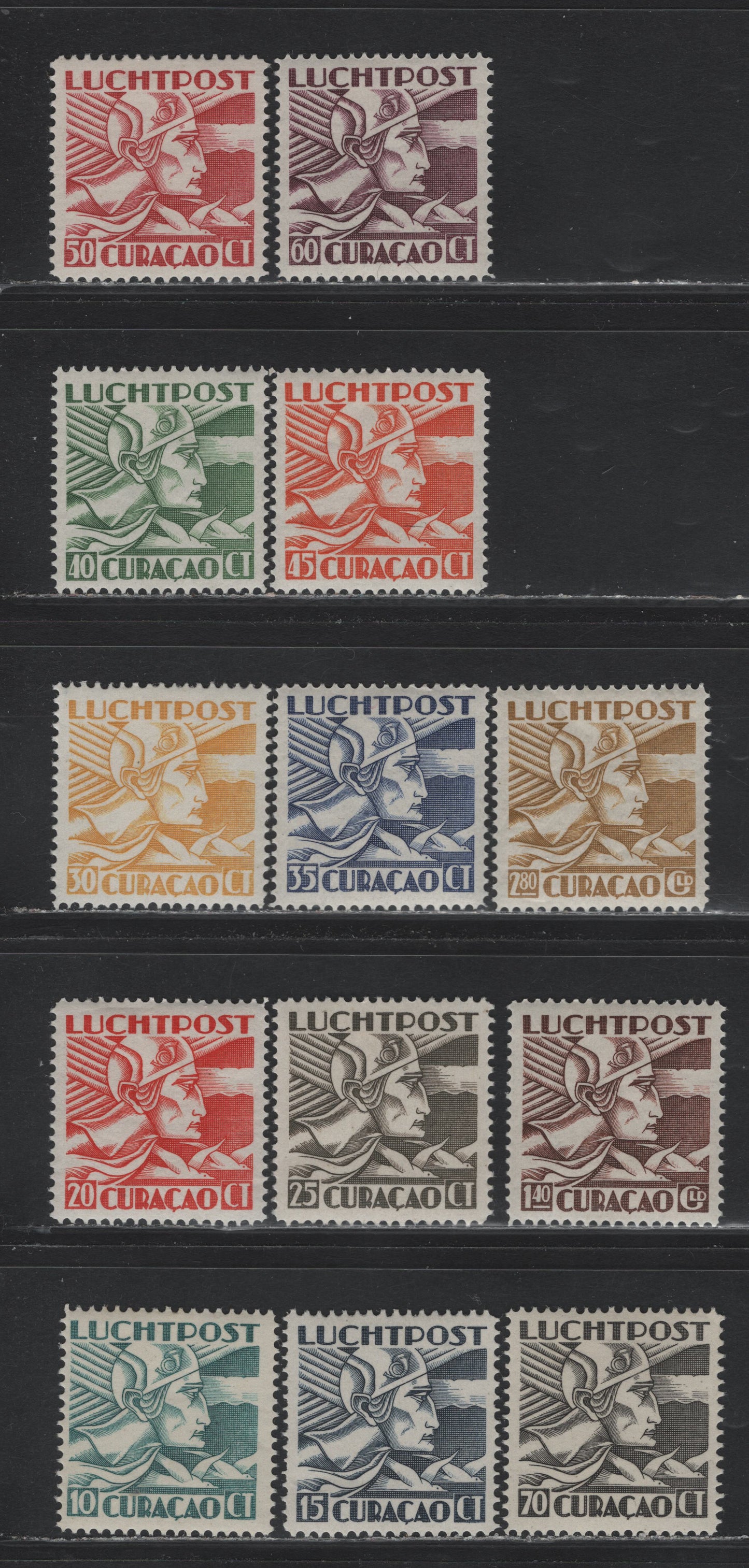 Lot 182 Netherlands Antilles SC#C4-C16 10c - 2.5g Prussian Green - Bistre , 1931-1939 Allegory of Flight Airmail Issue, 13 F/VFOG Singles
