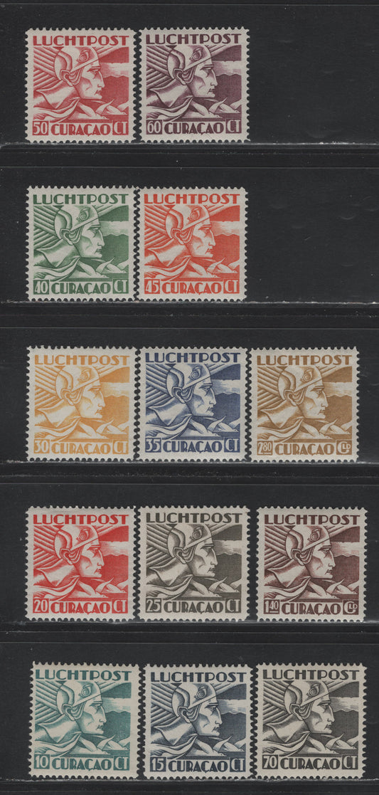 Lot 182 Netherlands Antilles SC#C4-C16 10c - 2.5g Prussian Green - Bistre , 1931-1939 Allegory of Flight Airmail Issue, 13 F/VFOG Singles