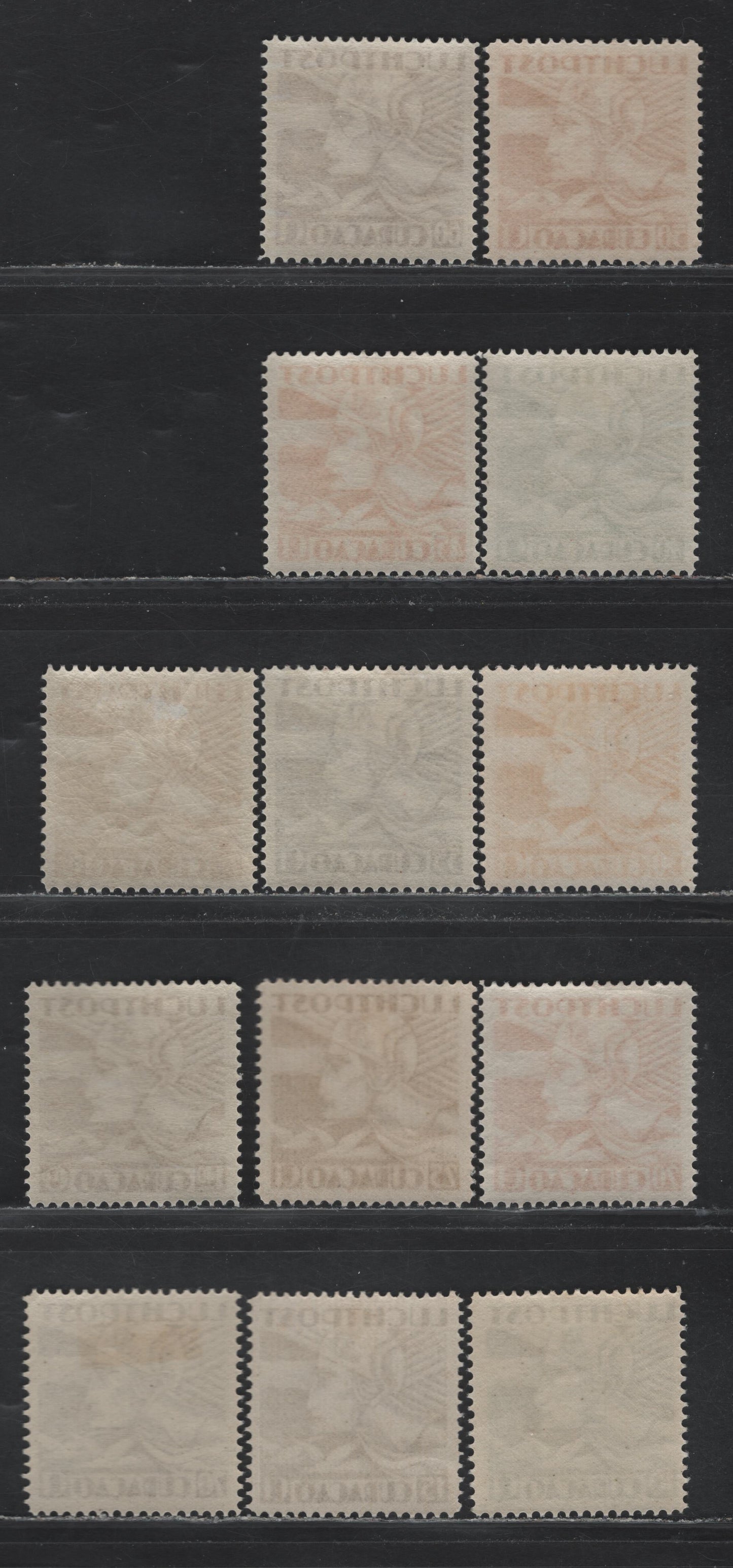Lot 182 Netherlands Antilles SC#C4-C16 10c - 2.5g Prussian Green - Bistre , 1931-1939 Allegory of Flight Airmail Issue, 13 F/VFOG Singles