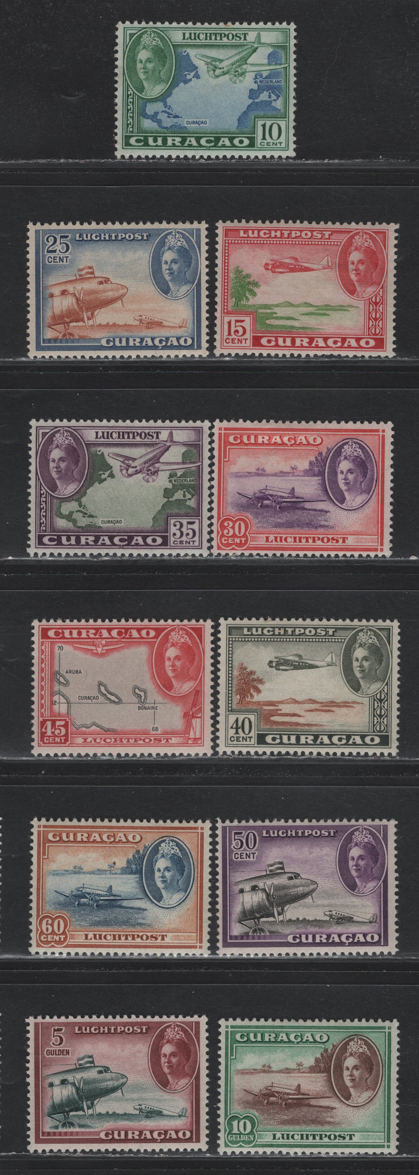 Lot 183 Netherlands Antilles SC#C18-C19, C21-C27, C31-C32 10c - 10g Green & Blue - Green & Red Brown , 1942 Pictorial Airmail Issue, 11 F/VFOG Singles