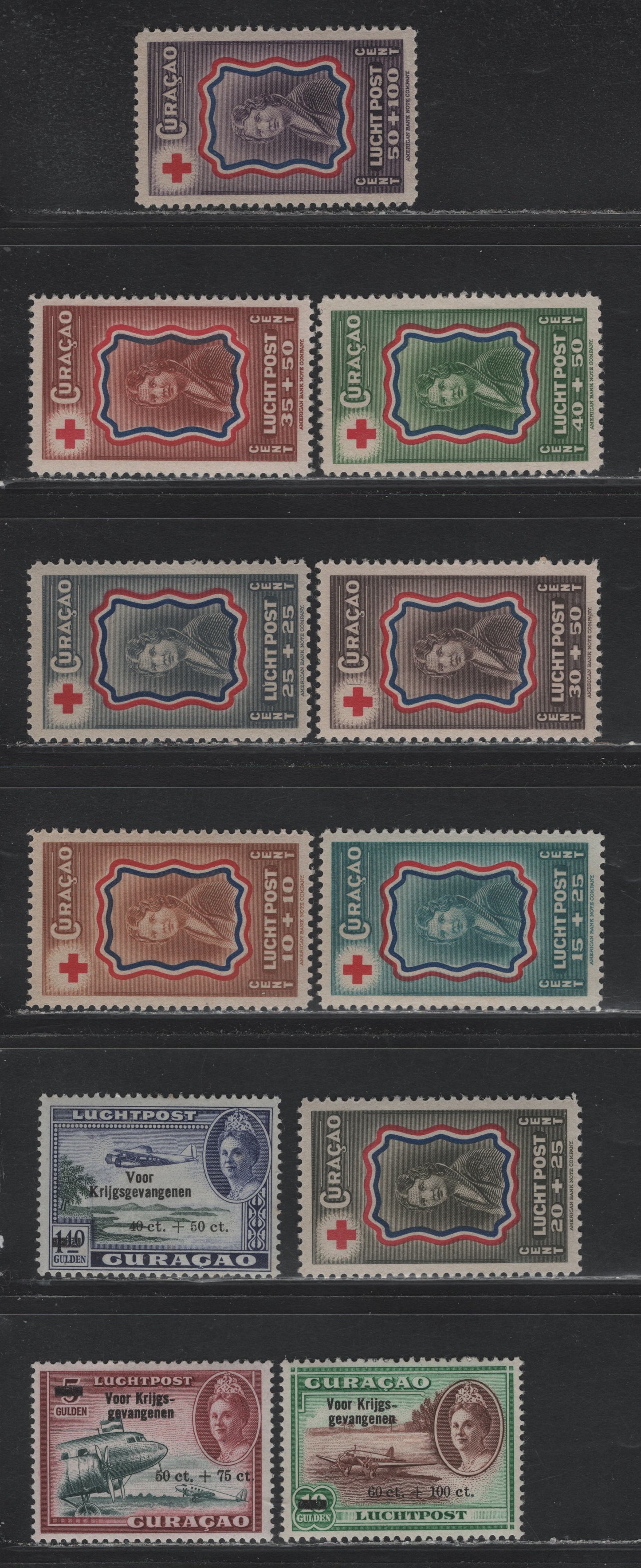 Lot 184 Netherlands Antilles SC#CB9, CB11-CB20 40c+50c on 1.40g - 50c+100c Blue Violet & Slate Green - Dark Violet , 1943-1944 Surcharged Airmail - Princess Juliana & Red Cross Semi Postals, 11 F/VFOG/NH Singles, Most Of The 1944 Set Is NH
