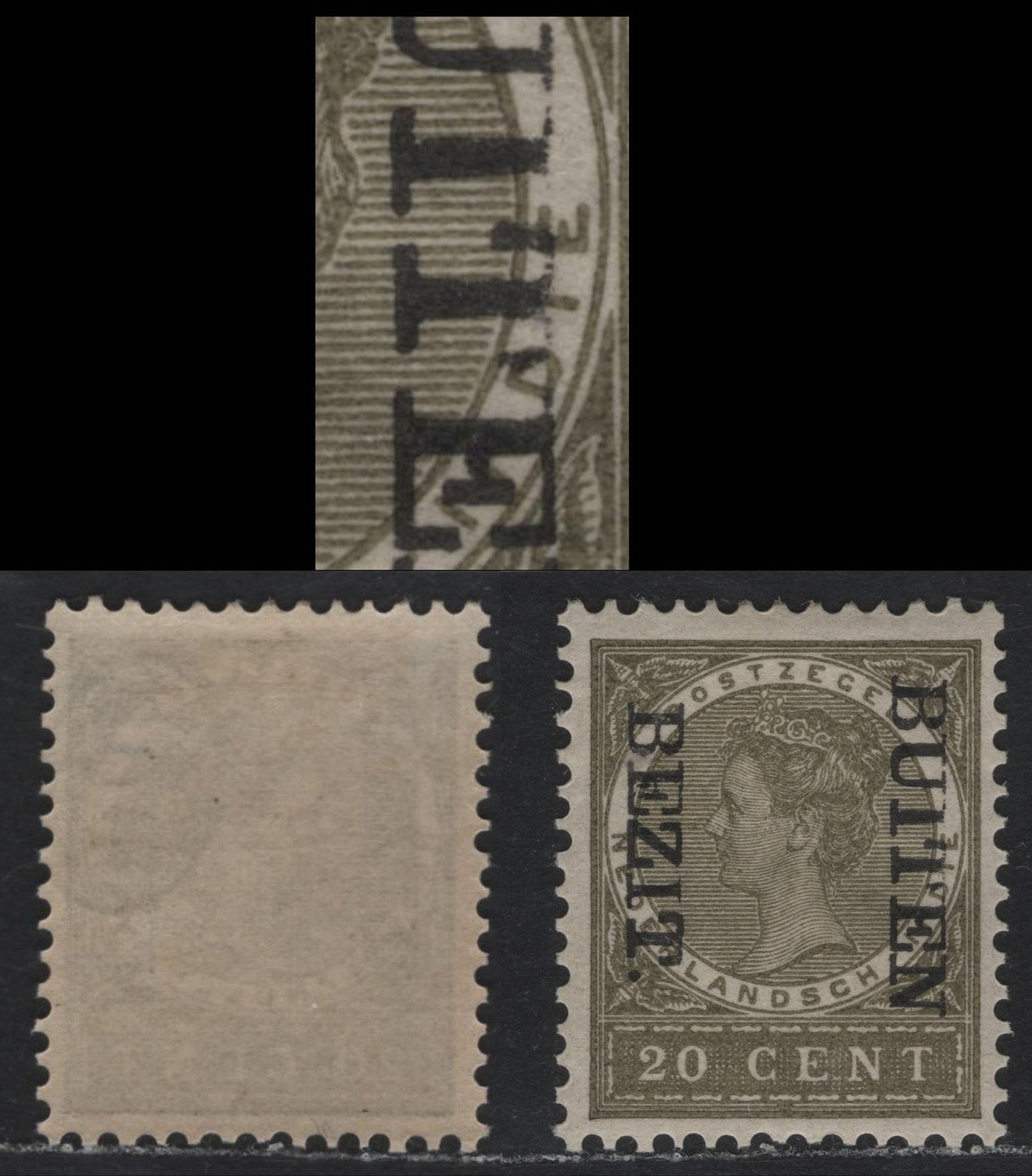 Lot 186 Netherlands Indies SC#74a 20c - 95c Olive Green , 1908 Buiten Bezit Overprint, A FOG Single, Overprint Reading Down, Showing Missing Serifs on 'IT'