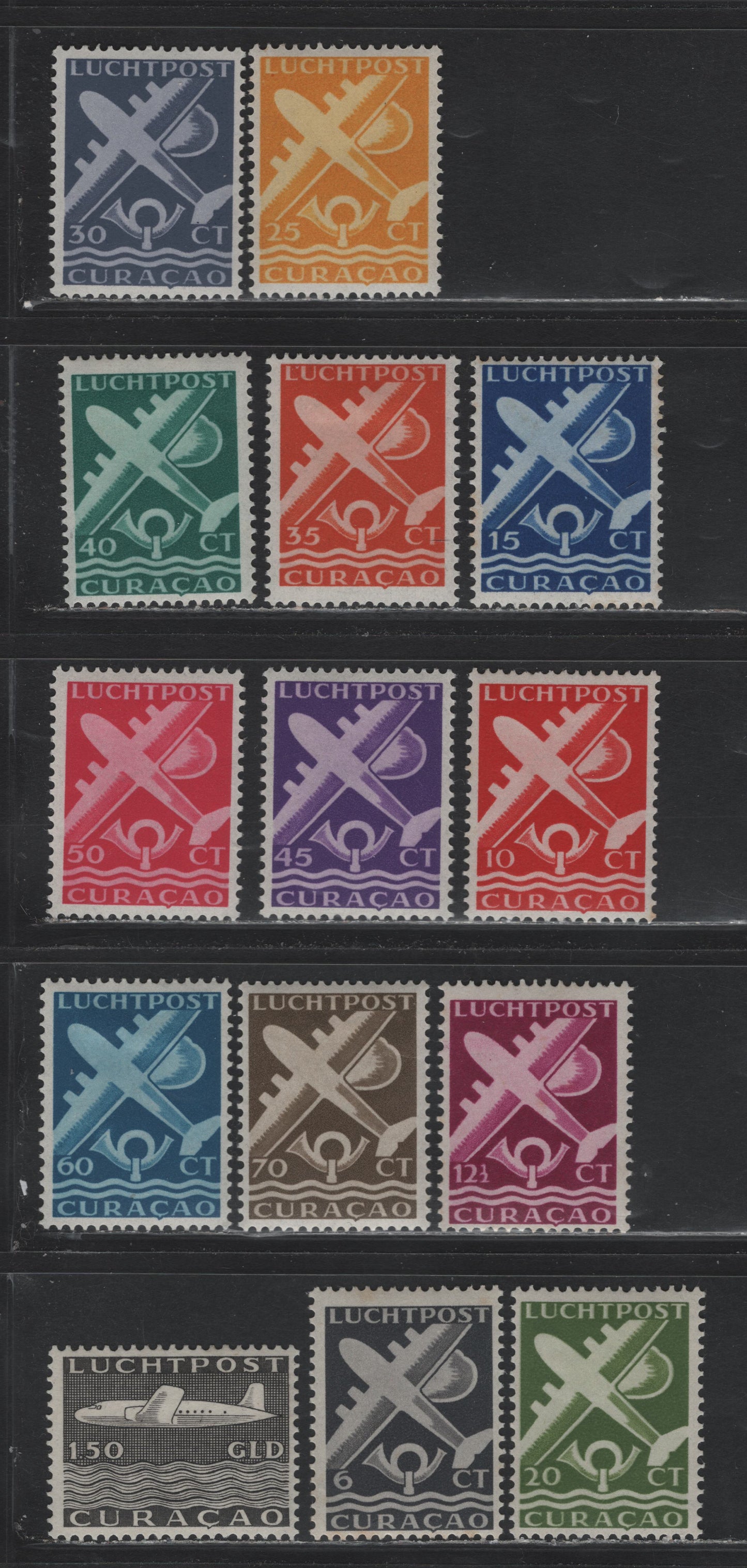 Lot 187 Netherlands Antilles SC#C32A-C42, C44 6c - 1.5g Gray Black - Black , 1947 Plane & Post Horn Airmails, 14 F/VFOG Singles