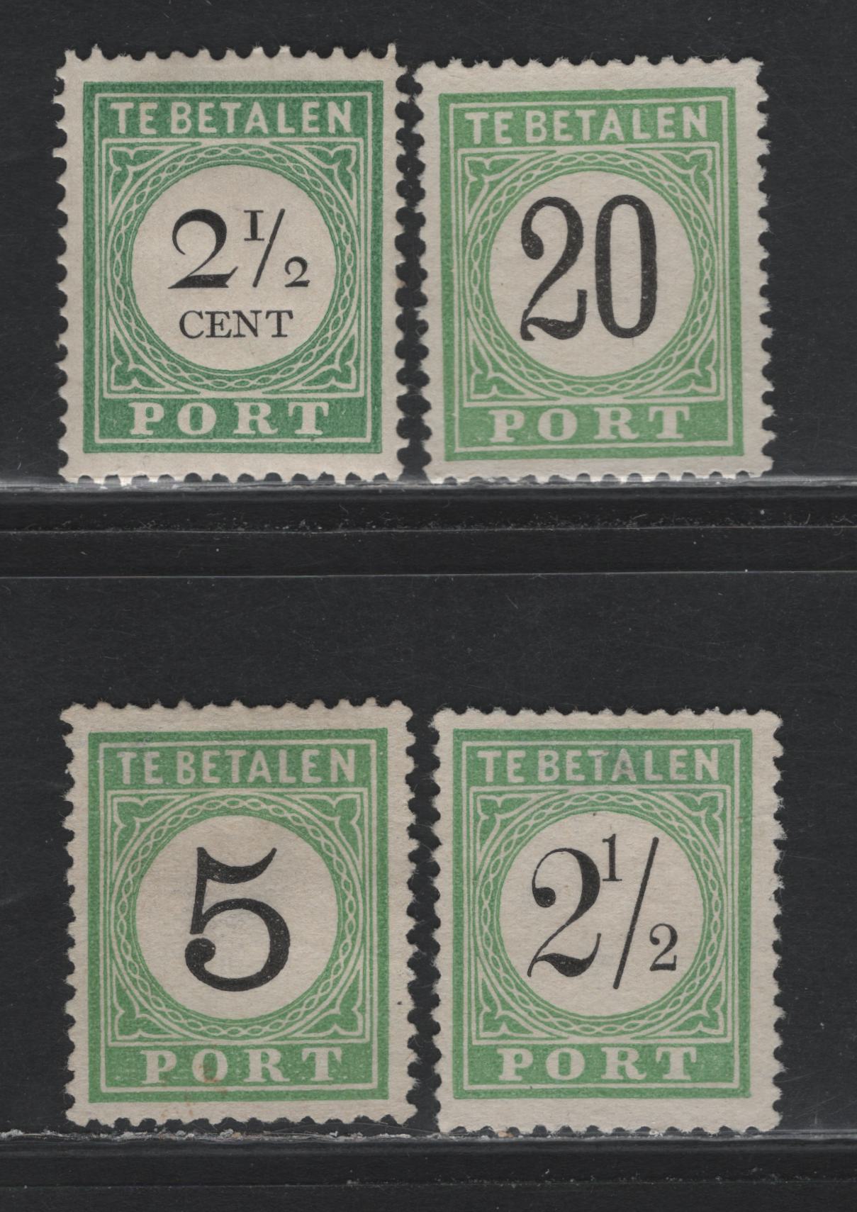 Lot 188 Netherlands Antilles SC#J2a, J1, J6, J11 2.5c Green & Black , 1889-1898 Postage Dues, 4 VG/F/VFOG & Unused Singles, Types 1 & 3, 2.5c-20c First Issue Are Without Gum As Issued