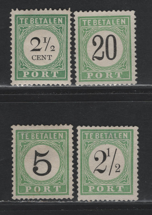 Lot 188 Netherlands Antilles SC#J2a, J1, J6, J11 2.5c Green & Black , 1889-1898 Postage Dues, 4 VG/F/VFOG & Unused Singles, Types 1 & 3, 2.5c-20c First Issue Are Without Gum As Issued