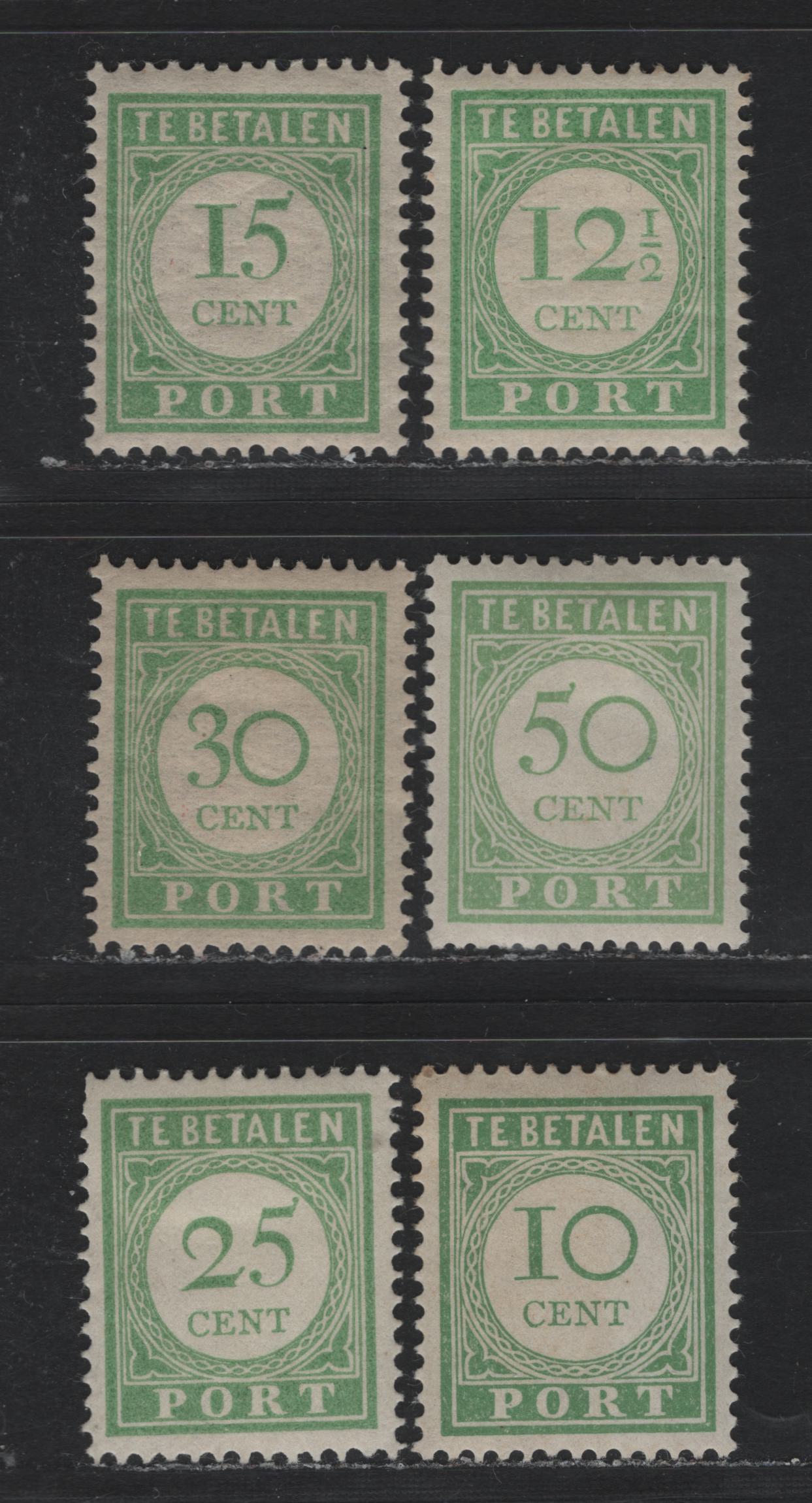 Lot 189 Netherlands Antilles SC#J23/J30 10c - 50c Green , 1915 Postage Dues, 6 VFOG Singles, All Perf 12.5 Except the 50c, Which Is 13.5x12.5