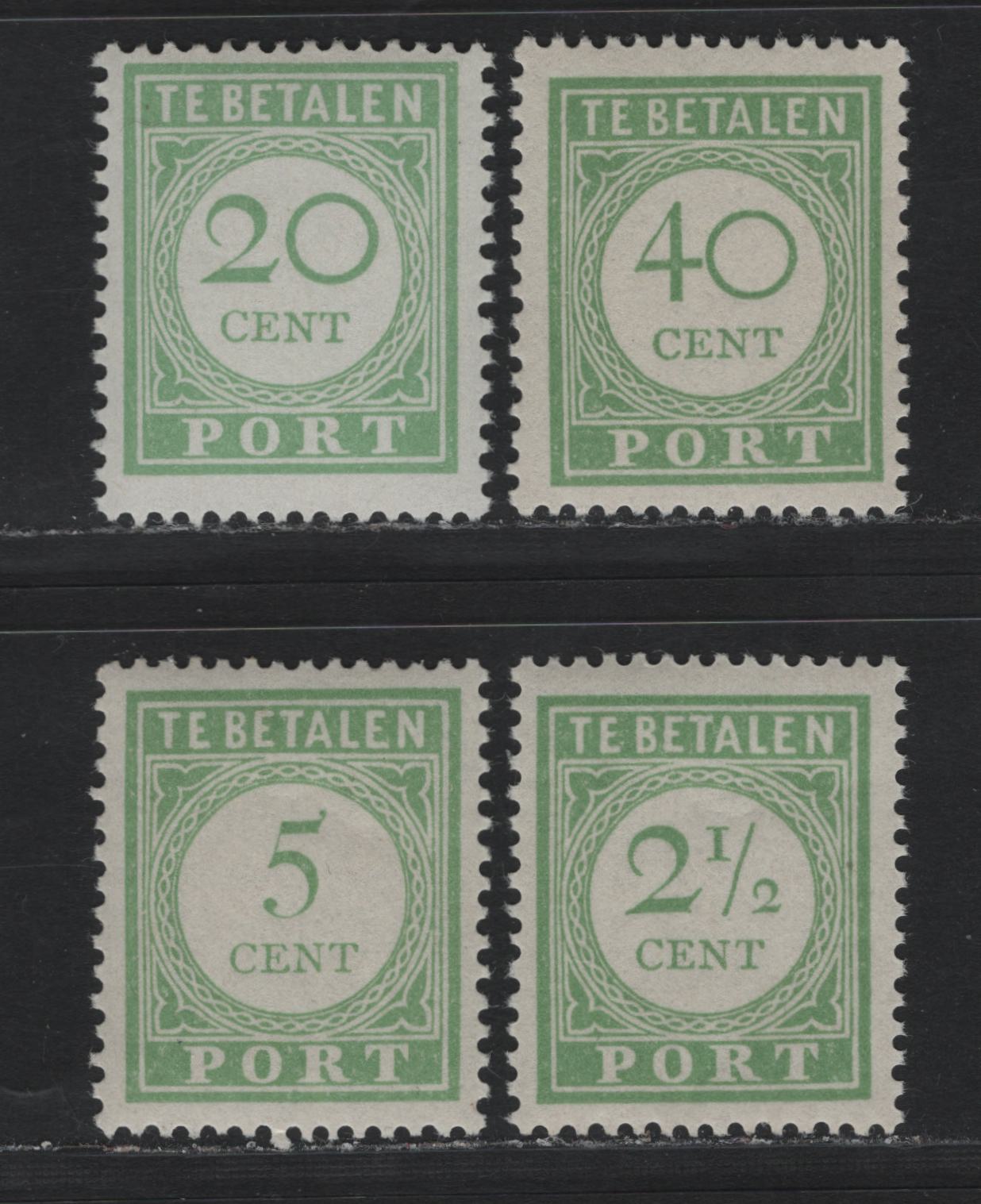 Lot 190 Netherlands Antilles SC#J21-J22, J26, J29 2.5c - 40c Green , 1915 Postage Dues, 4 F/VFNH Singles, Perf 13.5x12.5