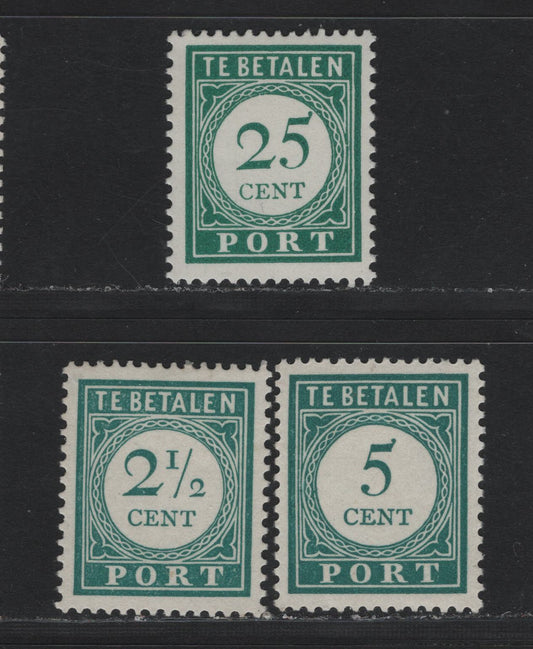 Lot 191 Netherlands Antilles SC#J31-J32, J37 2.5c - 25c Blue Green , 1915 Postage Dues, 3 F/VFOG Singles