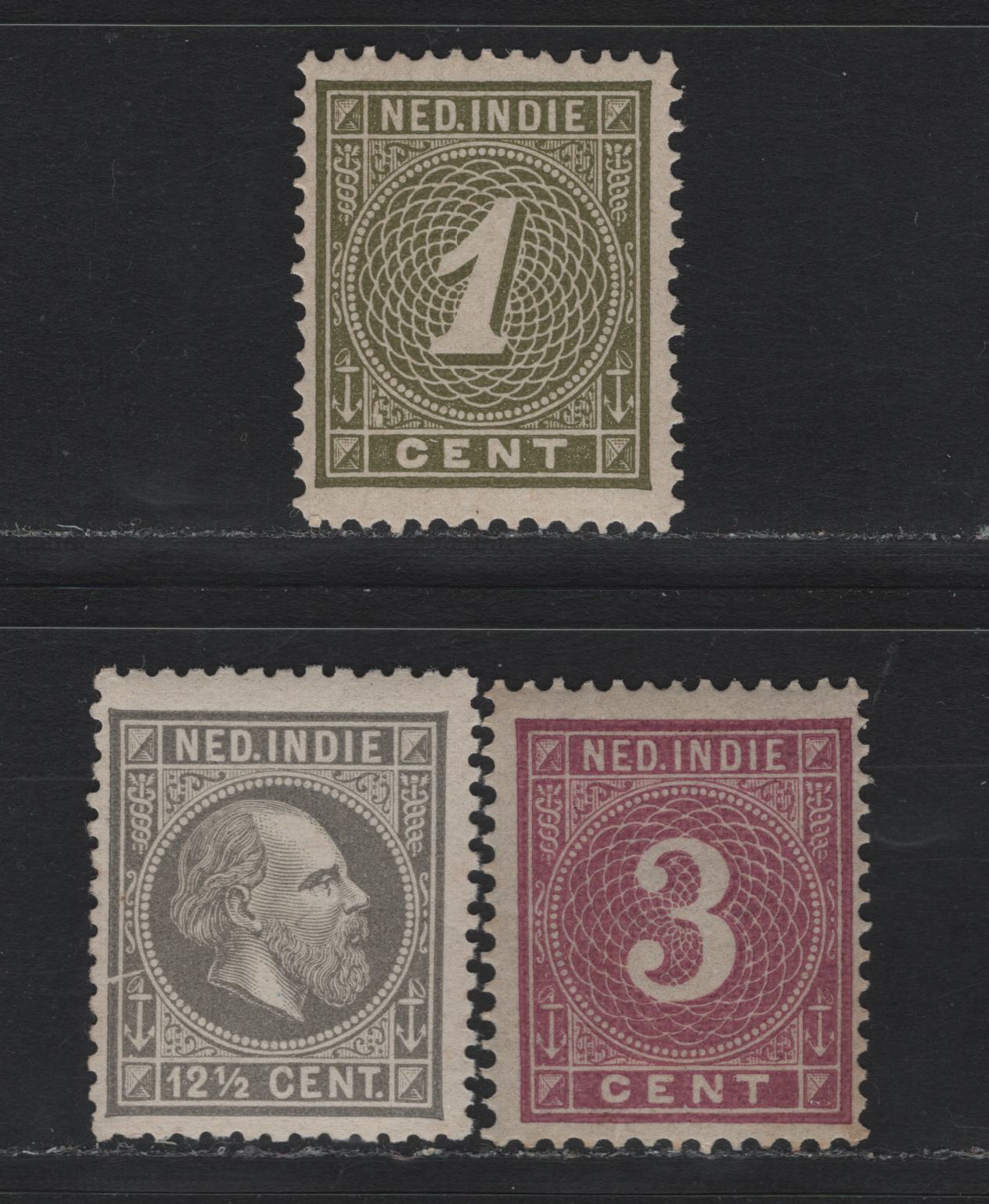 Lot 192 Netherlands Indies SC#10, 17, 20a 12.5c - 3c Gray - Red Lilac , 1870-1890 King William III - Numeral Issues, 3 FNH Singles, Perf 12.5
