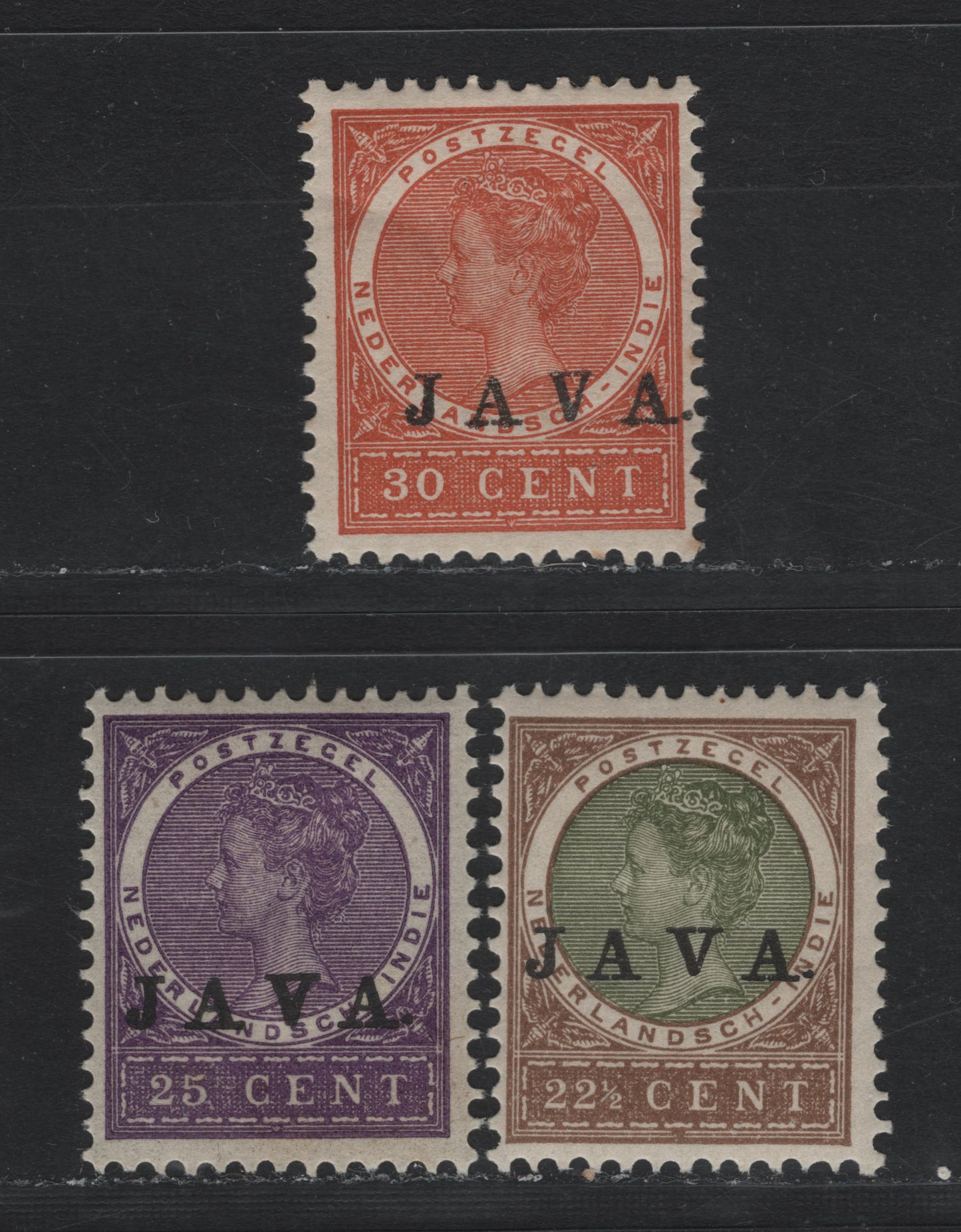 Lot 198 Netherlands Indies SC#93-95 22.5c - 30c Brown & Olive Green - Orange Brown , 1908 Java Overprint, 3 F/VFOG Singles