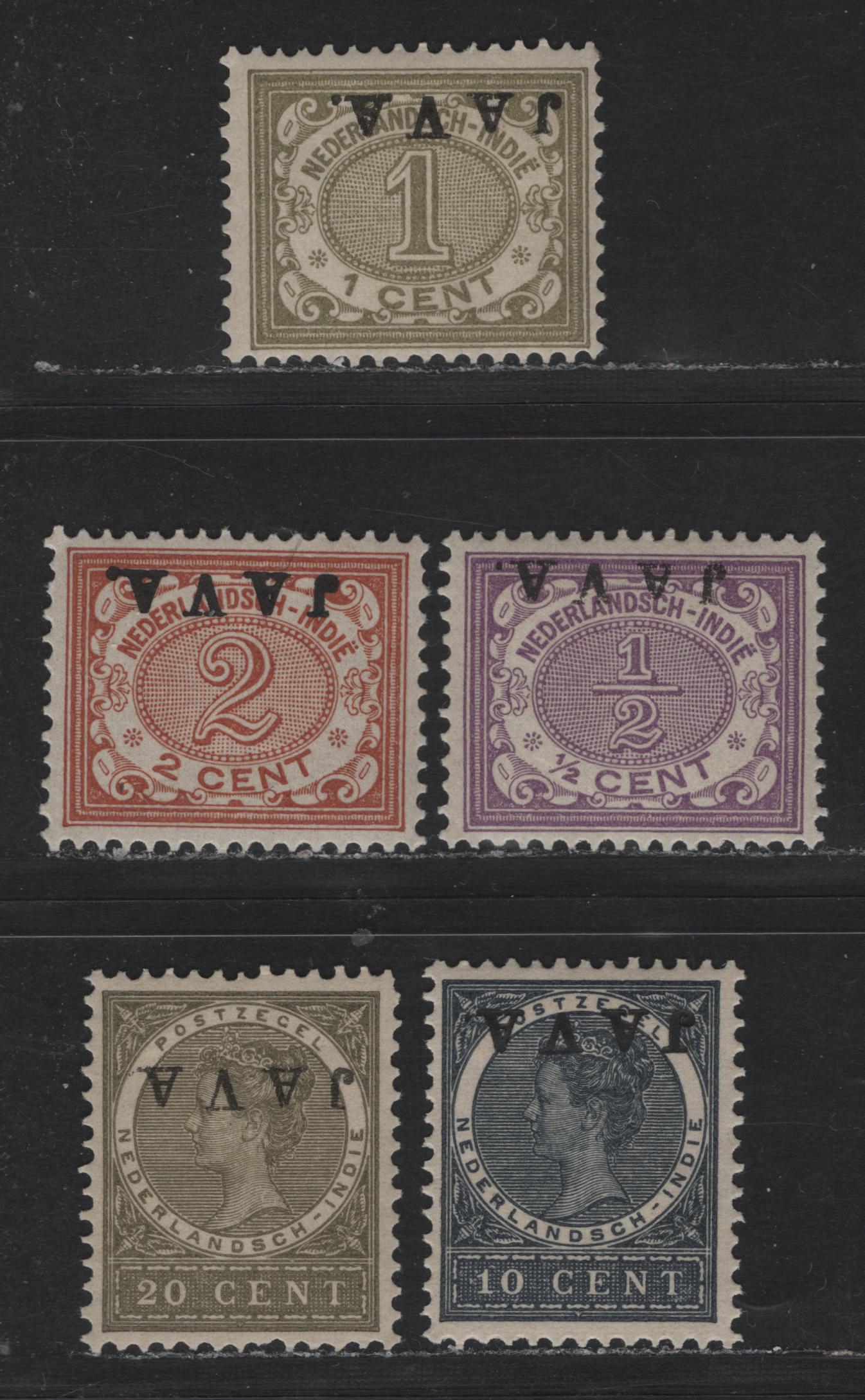 Lot 199 Netherlands Indies SC#81a-83a, 88a, 92a 1/2c - 20c Violet - Olive Green , 1908 Inverted Java Overprinted Issue, 5 F/VFOG Singles