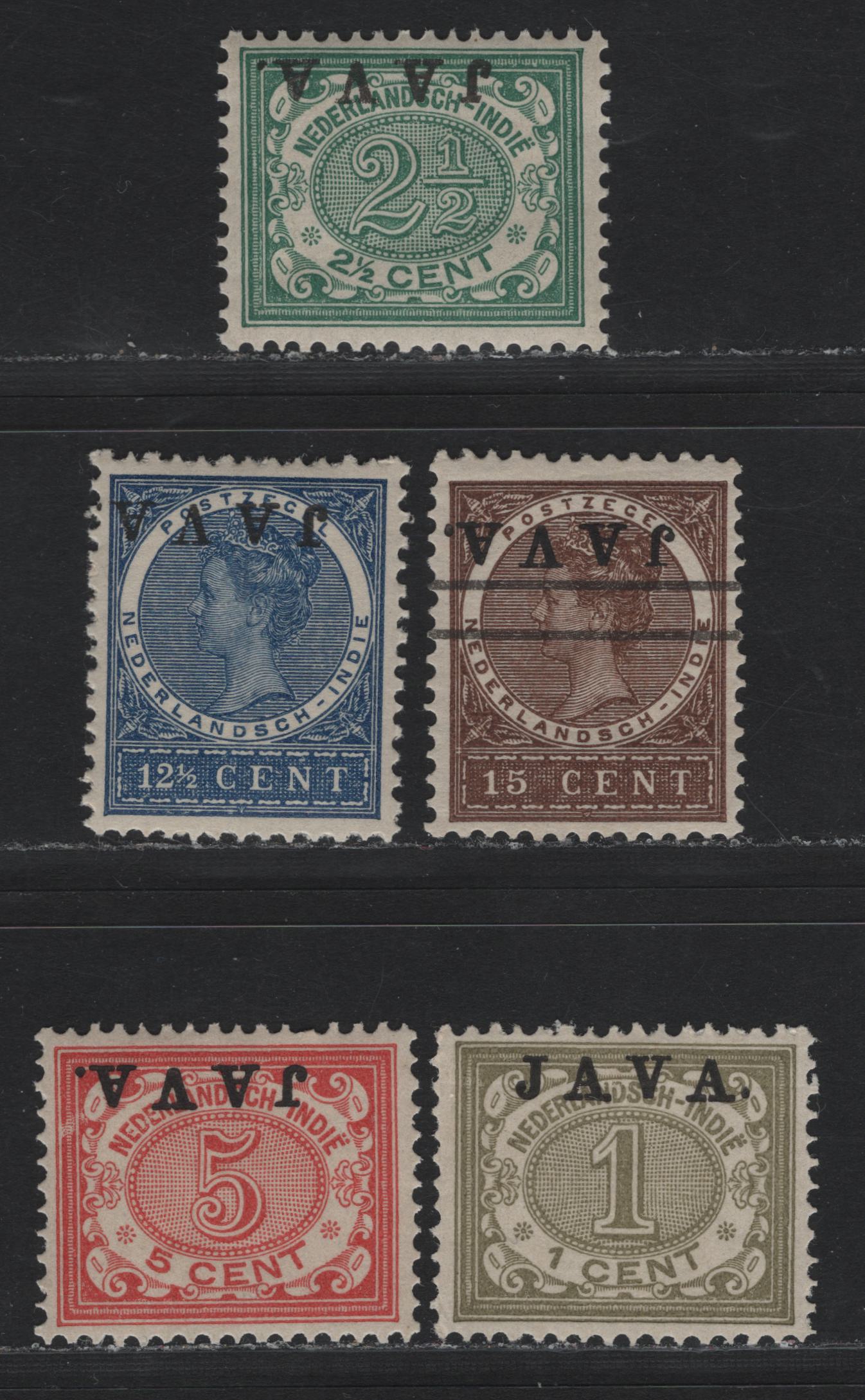 Lot 200 Netherlands Indies SC#82a, 84a, 86a, 89a-90a 1c - 15c Olive Green - Chocolate , 1908 Inverted Java Overprinted Issue, 5 VFOG Singles