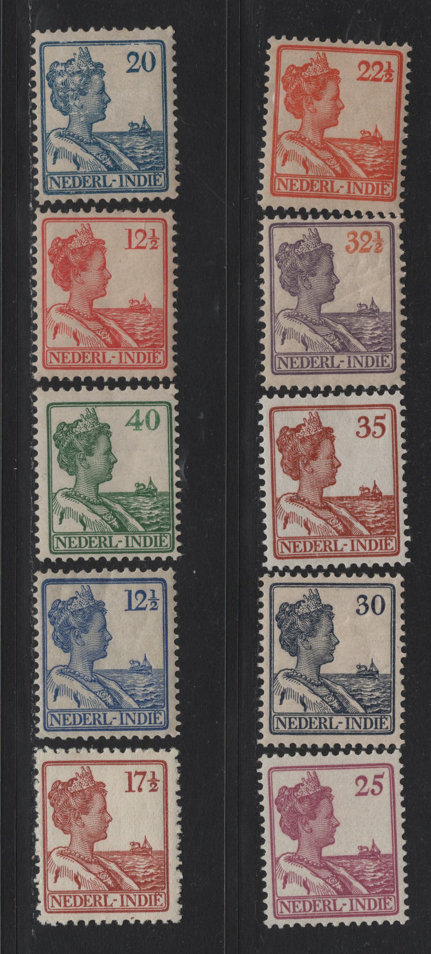 Lot 208 Netherlands Indies SC#118-119, 121, 123, 125-130 12.5c - 40c Dull Blue - Green , 1912-1940 Numerals & Queen Wilhelmina Issue, 10 F/VFOG Singles