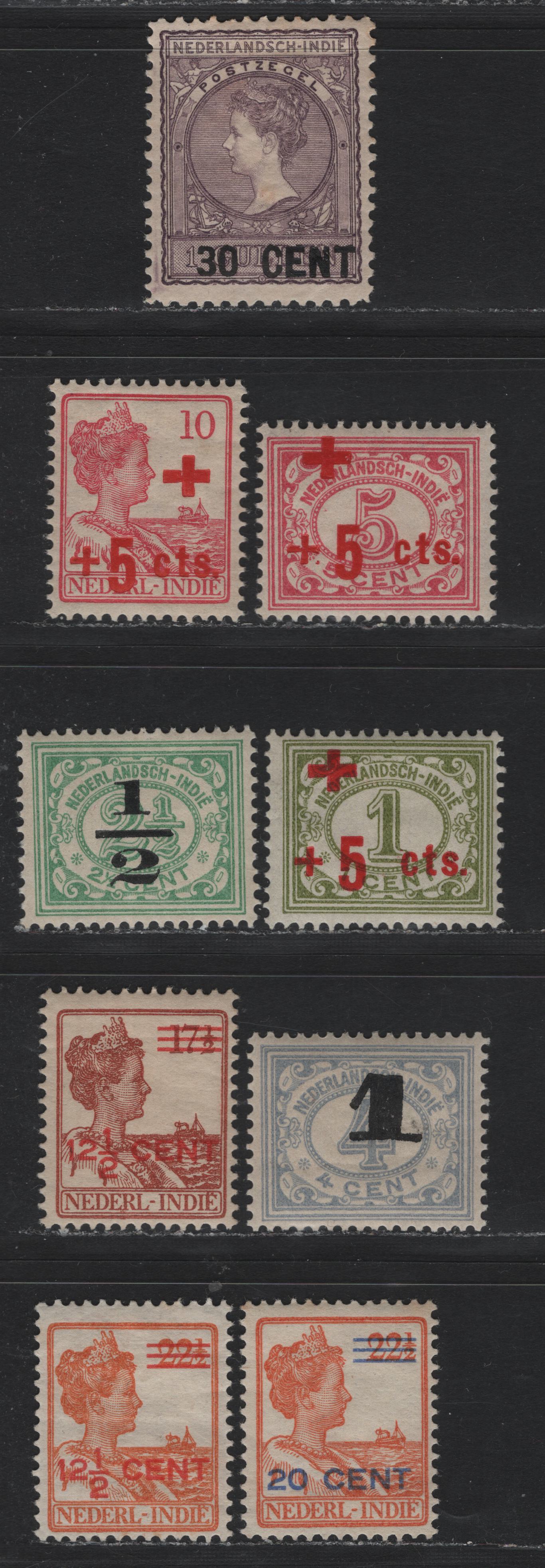 Lot 209 Netherlands Indies SC#B1-B3, 140a, 144-146, 137-138 1/2c on 2.5c - 10c+5c Green - Rose , 1915-1918 Red Cross Semi Postal - Surcharged Issues, 8 F/VFOG Singles