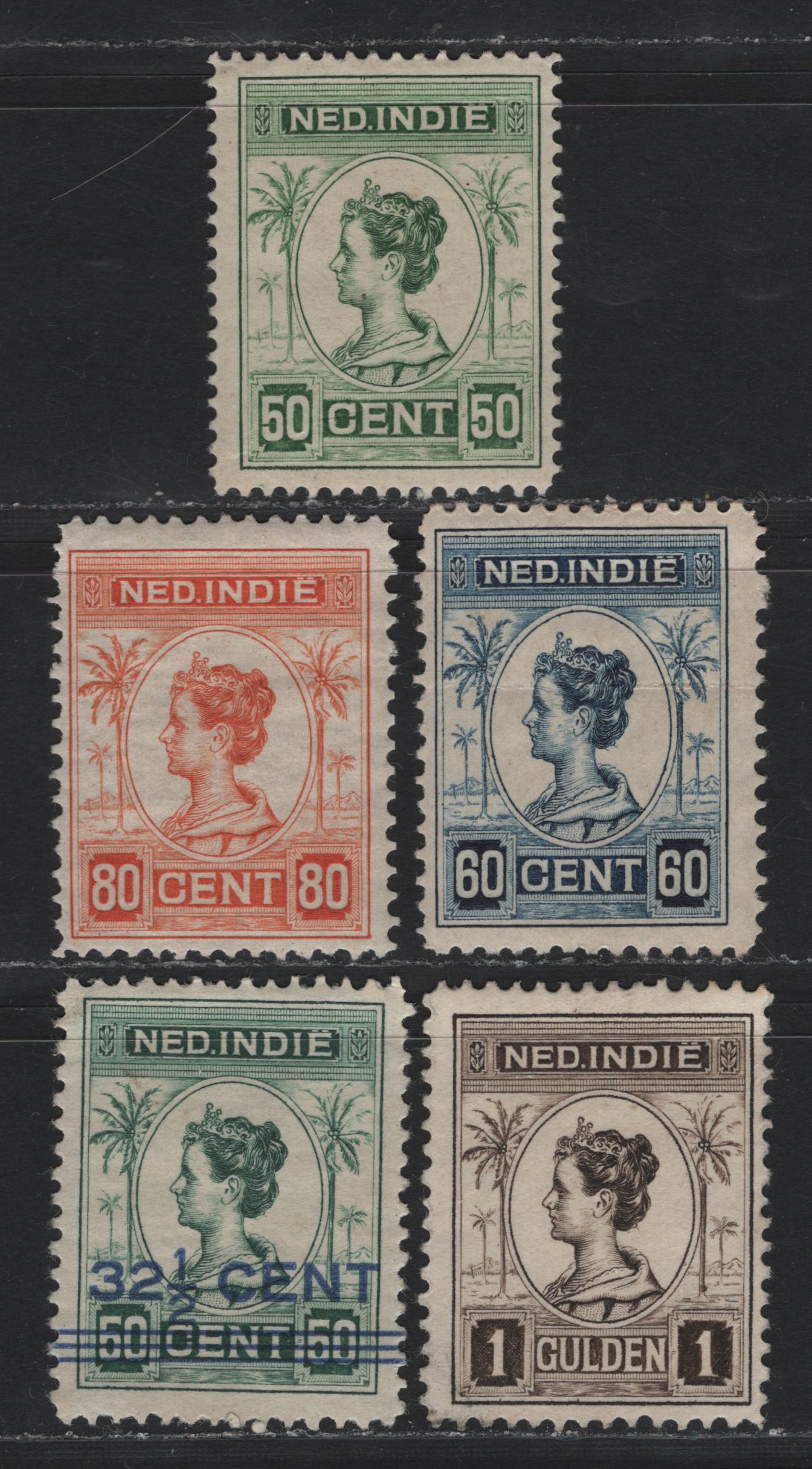 Lot 210 Netherlands Indies SC#131b, 132-134, 147 50c - 32.5c on 50c Green , 1912-1940 Numerals & Queen Wilhelmina Issue, 5 FOG Singles, Perf 11.5