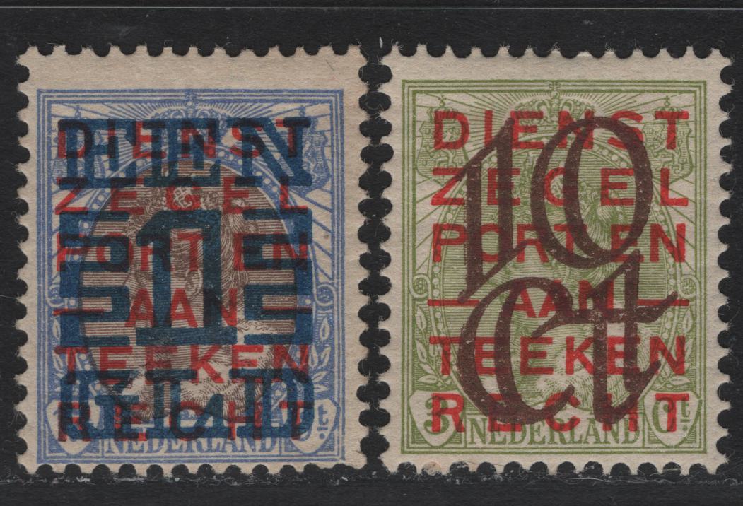 Lot 23 Netherlands SC#135-136 10c on 3c - 1g on 17.5c Pale Olive Green - Ultramarine & Brown , 1923 Surcharged Issue, 2 F/VFOG Singles, Perf 12.5