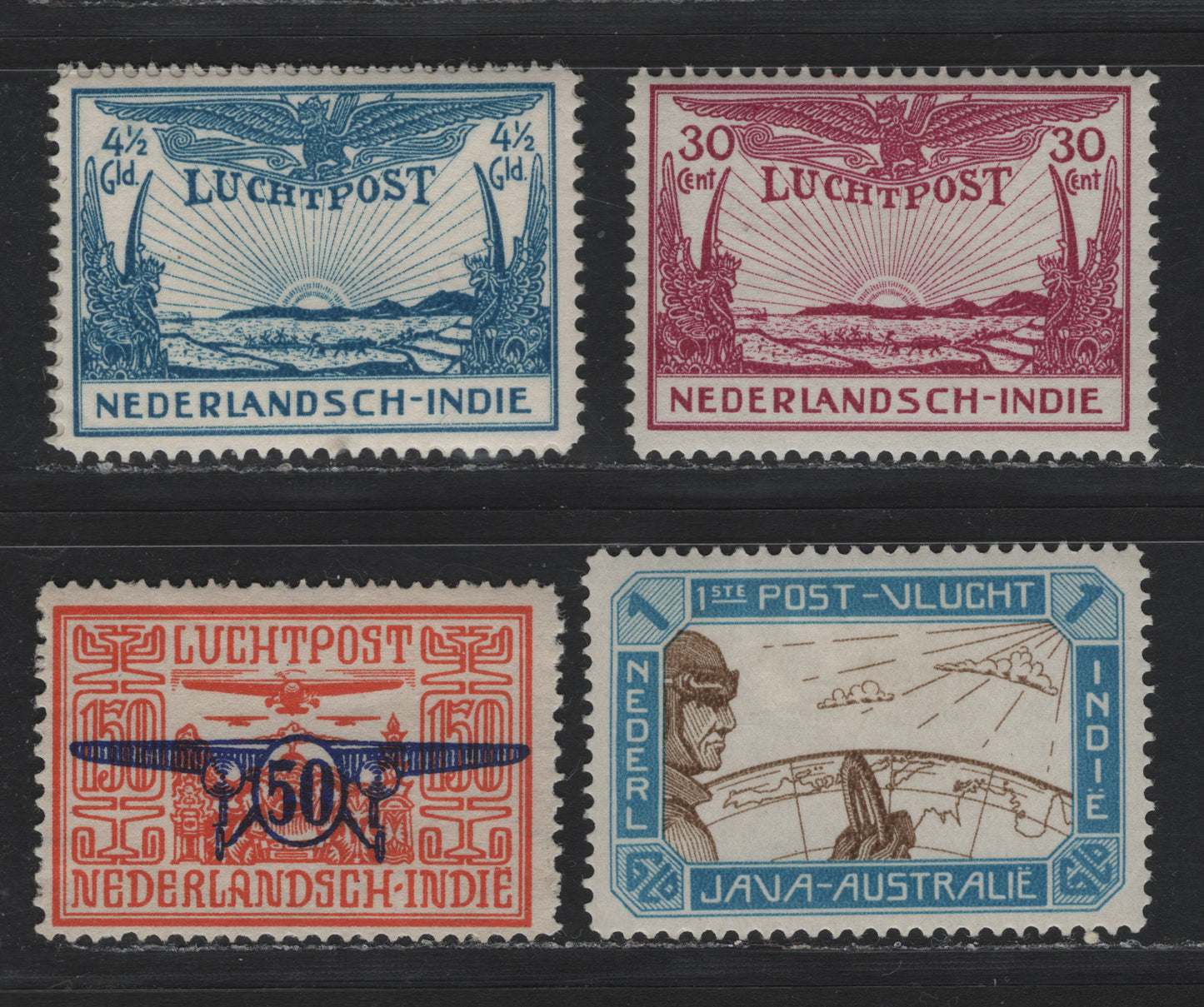Lot 231 Netherlands Indies SC#C13-C17 1g - 50c on 1.5g , 1931-1932 First Airmail Flight - Surcharged Airmail Issue, 5 F/VFOG Singles