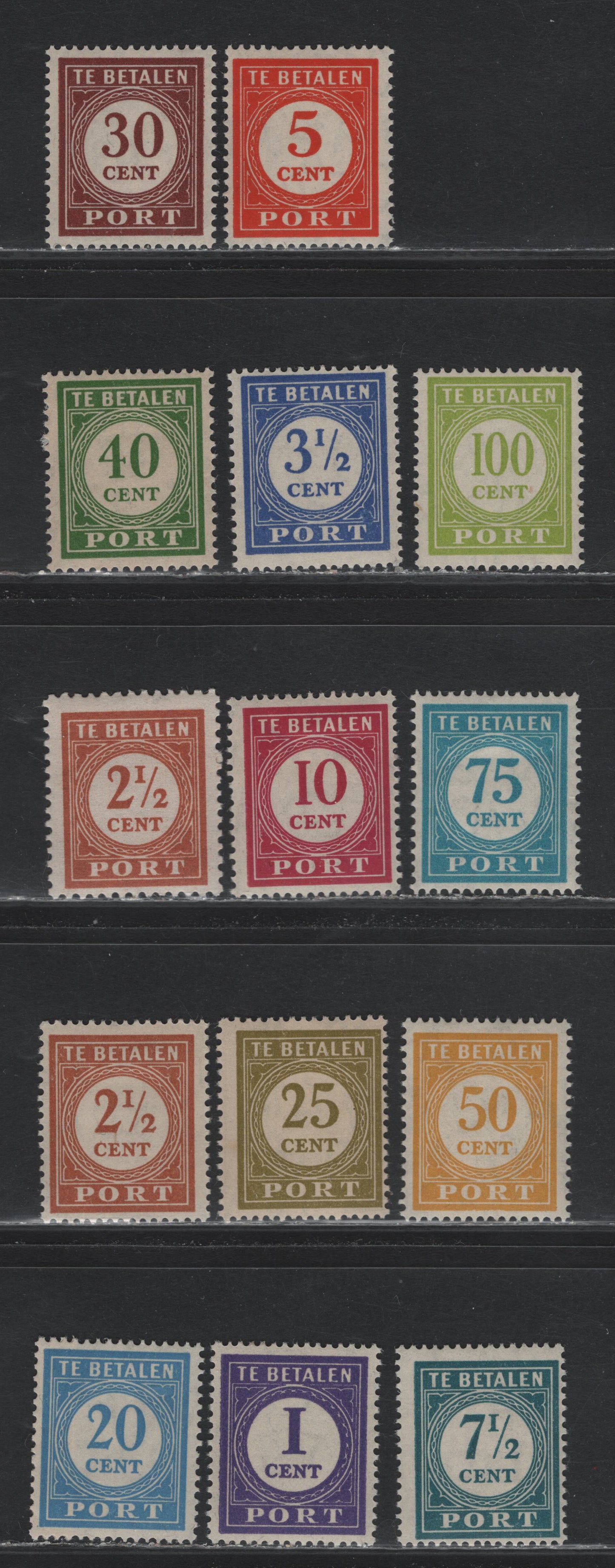 Lot 237 Netherlands Indies SC#J47-J59a 1c - 100c Purple - Apple Green , 1946 Postage Dues, 13 F/VFOG/NH Singles, 20c Is NH