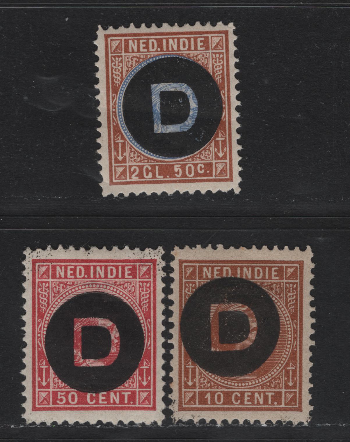 Lot 241 Netherlands Indies SC#O21, O26-O27 10c - 2.5g Orange Brown - Orange Brown & Blue , 1911 Official Overprinted Issue, 3 VG/VFOG Singles, Horizontal Crease On 2.5g