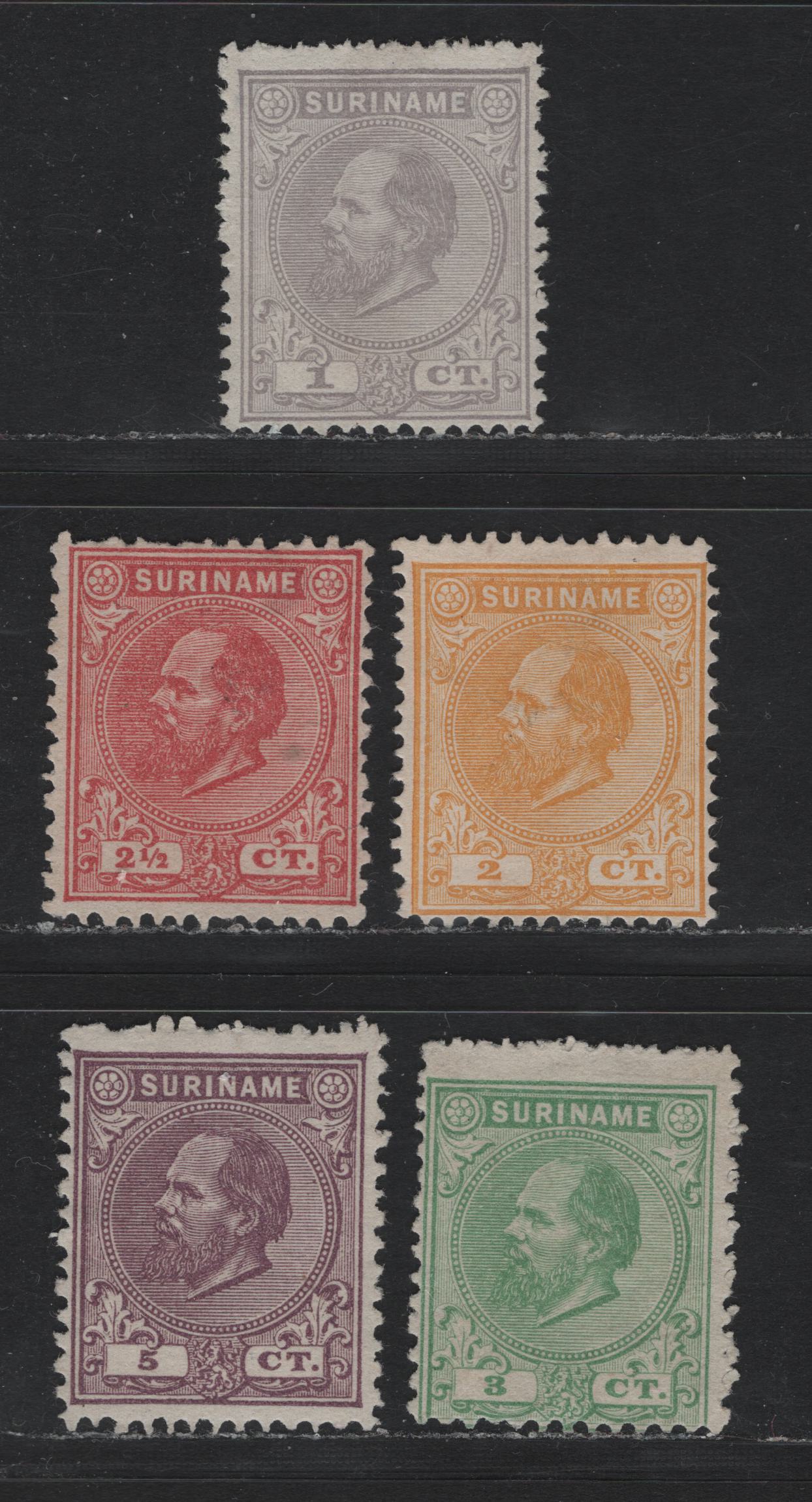 Lot 242 Surinam SC#1-5 1c - 5c Lilac Gray - Dull Violet , 1873-1889 King William III Issue, 5 Very Good/Fine/Very Fine Unused Singles, Perfs 13.5 (2c), 13x13.25 (1c), 12.5x12 (2.5c & 5c) & 12.5x12.25 (3c), No Gum As Issued
