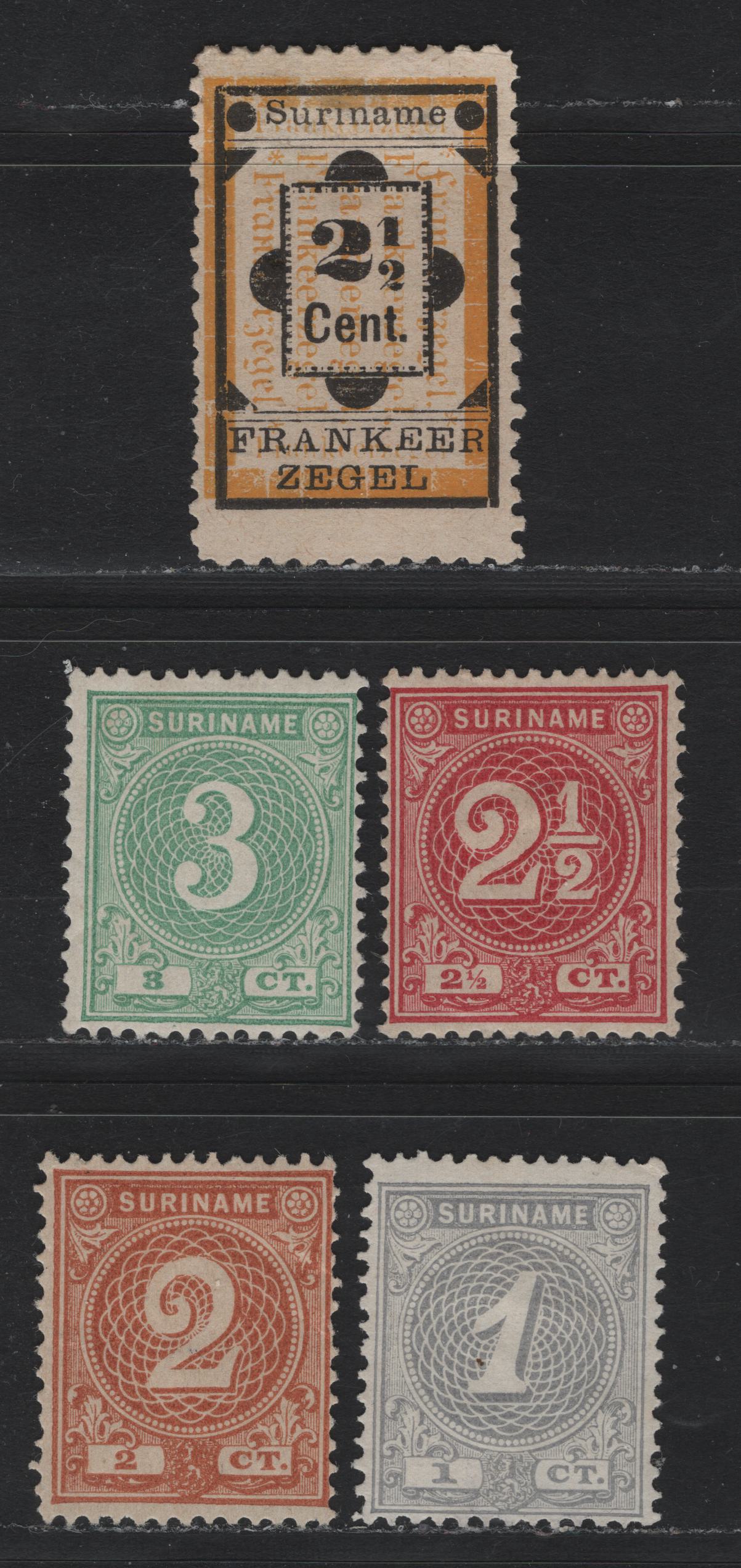 Lot 245 Surinam SC#17-20, 22 1c - 2.5c Gray - Black & Orange , 1890-1892 Numeral & Bicolored Numeral Issues, 5 F/VFOG & Unused Singles, 3c Has Partial Gum, 2.5c Has Full Gum, All Were Issued Without Gum.