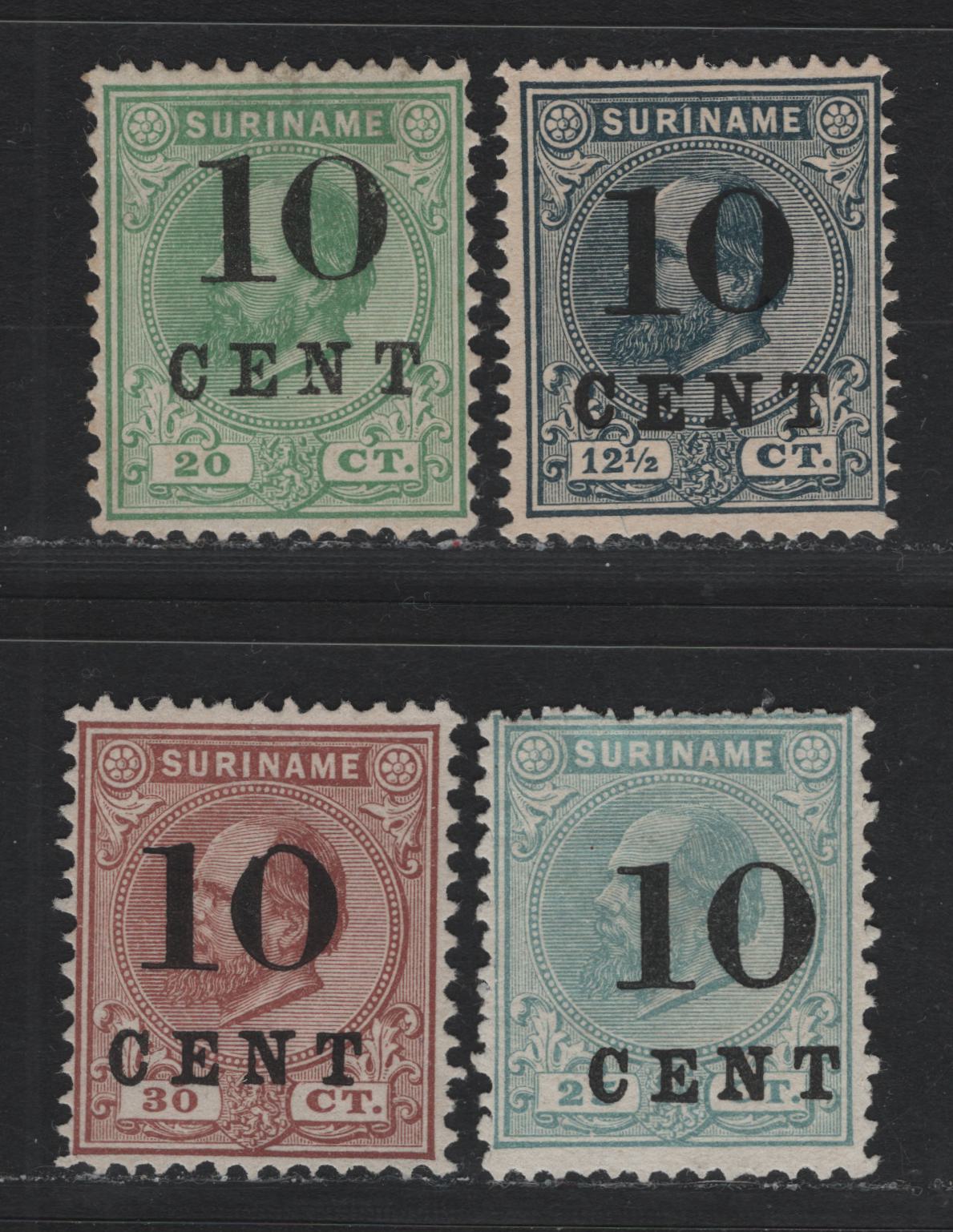 Lot 247 Surinam SC#31, 33-35 10c on 12.5c - 10c on 30c Slate Black - Red Brown , 1898 Surcharged Issue, 4 Fine/Very Fine Unused Singles, No Gum As Issued, Perfs 13.5x13.25 (12.5c), 12.75x12.25 (10c on 25c) and 12.5x12 (10c on 20c and 10c on 30c)
