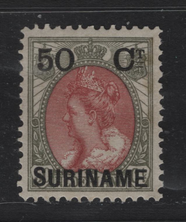 Lot 248 Surinam SC#36 50c on 50c Bronze Green & Red Brown , 1900 Overprinted Queen Wilhelmina Issue, A VFOG Single, Scarce Gummed Example