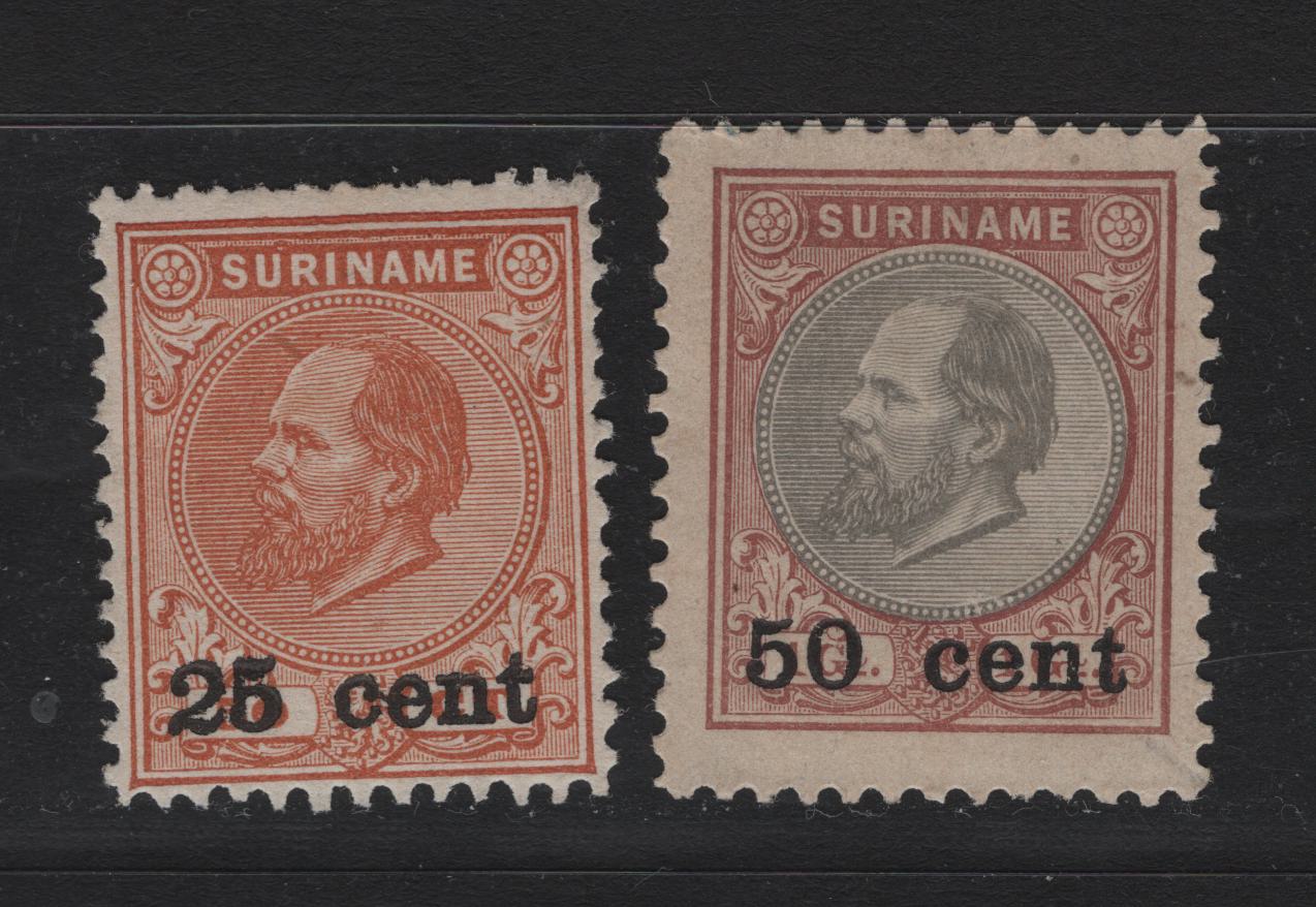 Lot 249 Surinam SC#40, 42 25c on 50c - 50c on 1g Brown Orange - Red Brown & Gray , 1900 King William III Surcharge Issue, 2 Fine/Very Fine Unused , Perfs 11.5 (1g) & 12.5x12