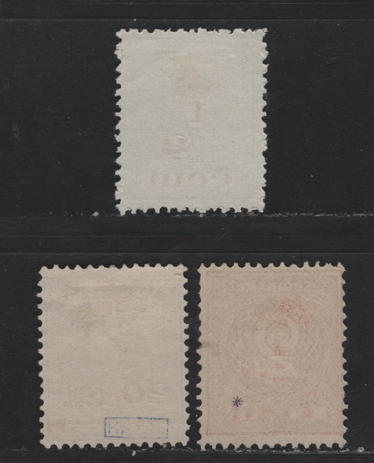 Lot 252 Surinam SC#63-64, 66 1/2c on 1c - 20c on 30c Gray - Orange Brown , 1911 Surcharged Issue, 3 Fine/Very Fine Unused Singles, No Gum As Issued
