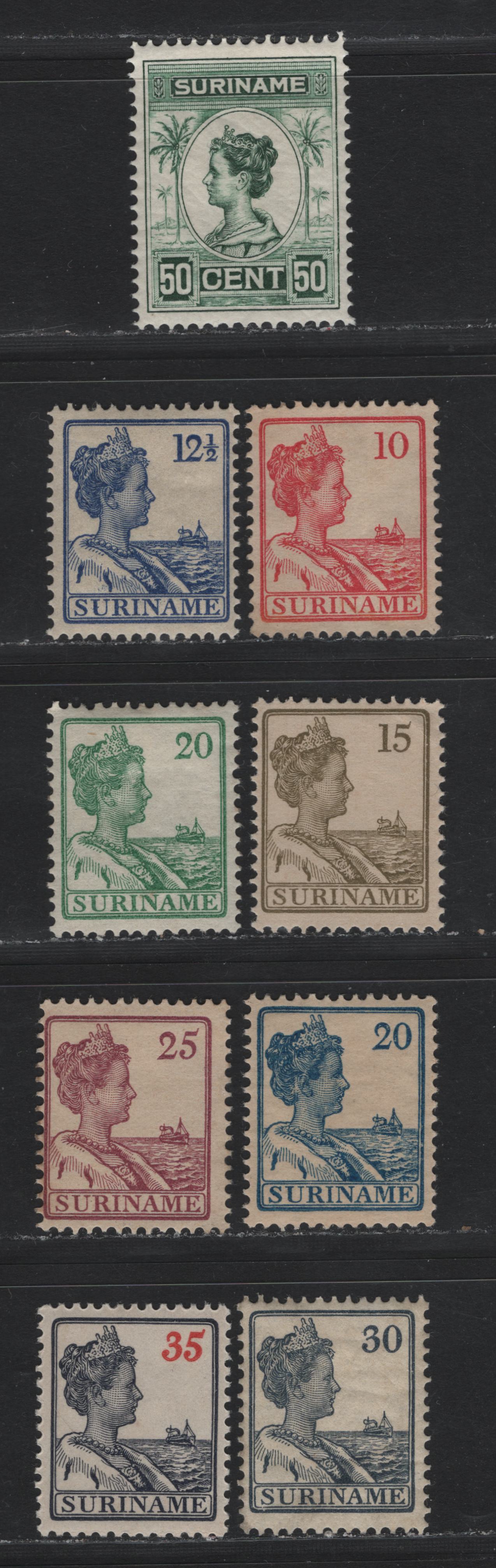 Lot 255 Surinam SC#92-93, 97-98, 101-102, 104, 105a 10c - 35c Carmien Rose - Slate & Red , 1913-1931 Numeral & Queen Wilhelmina Issue, 9 F/VFOG & Unused Singles, 10c & 15c Are Early Printings Without Gum, As Issued