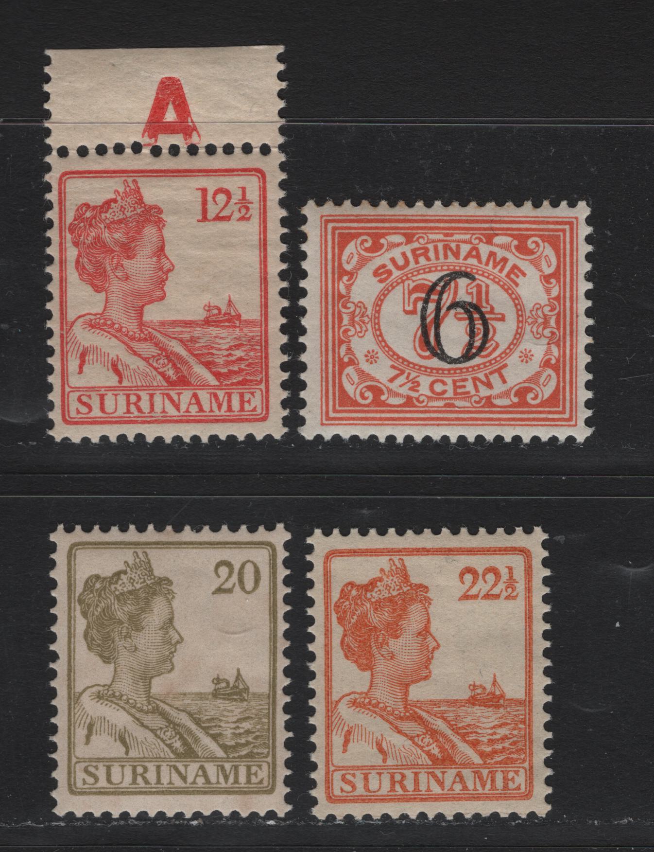 Lot 256 Surinam SC#94, 99-100, 139 12.5c - 6c on 7.5c Red - Orange , 1913-1931 Numeral & Queen Wilhelmina Issue, 4 VFNH Singles