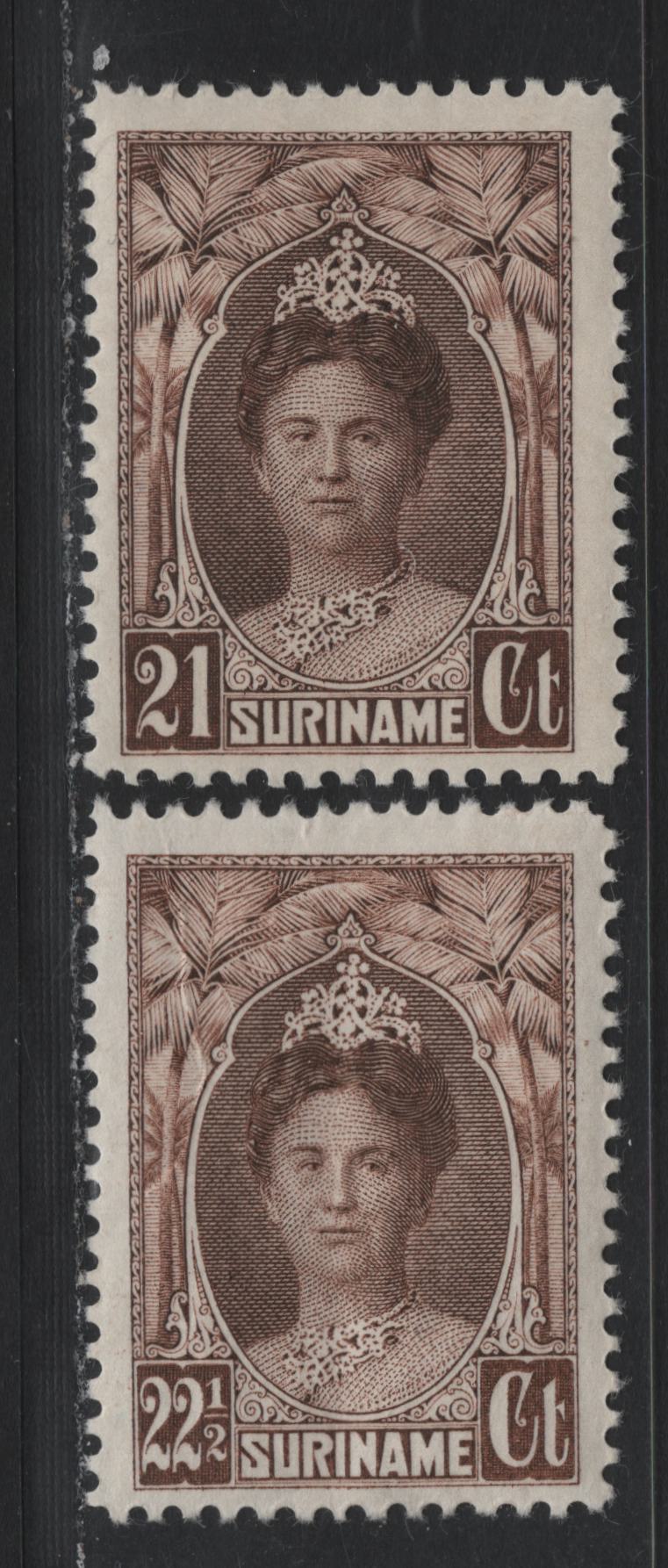 Lot 259 Surinam SC#127-128 21c - 22.5c Dark Brown - Brown , 1927-1930 Queen Wilhelmina Issue, 2 F/VFOG Singles
