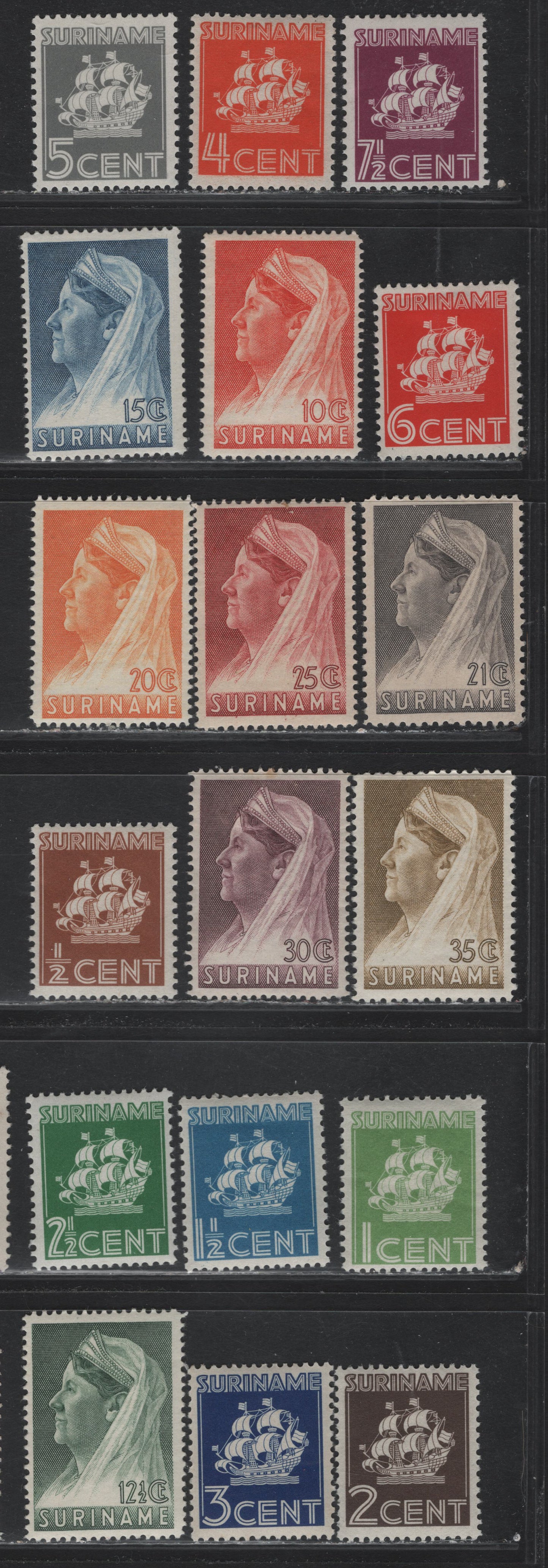 Lot 262 Surinam SC#142-155, 156a, 157-159 1/2c - 35c Yellow Green - Olive Brown , 1936-1941 Van Walbeeck's Ship & Queen Wilhelmina Issues, 18 F/VFOG & Unused Singles, Various Perfs