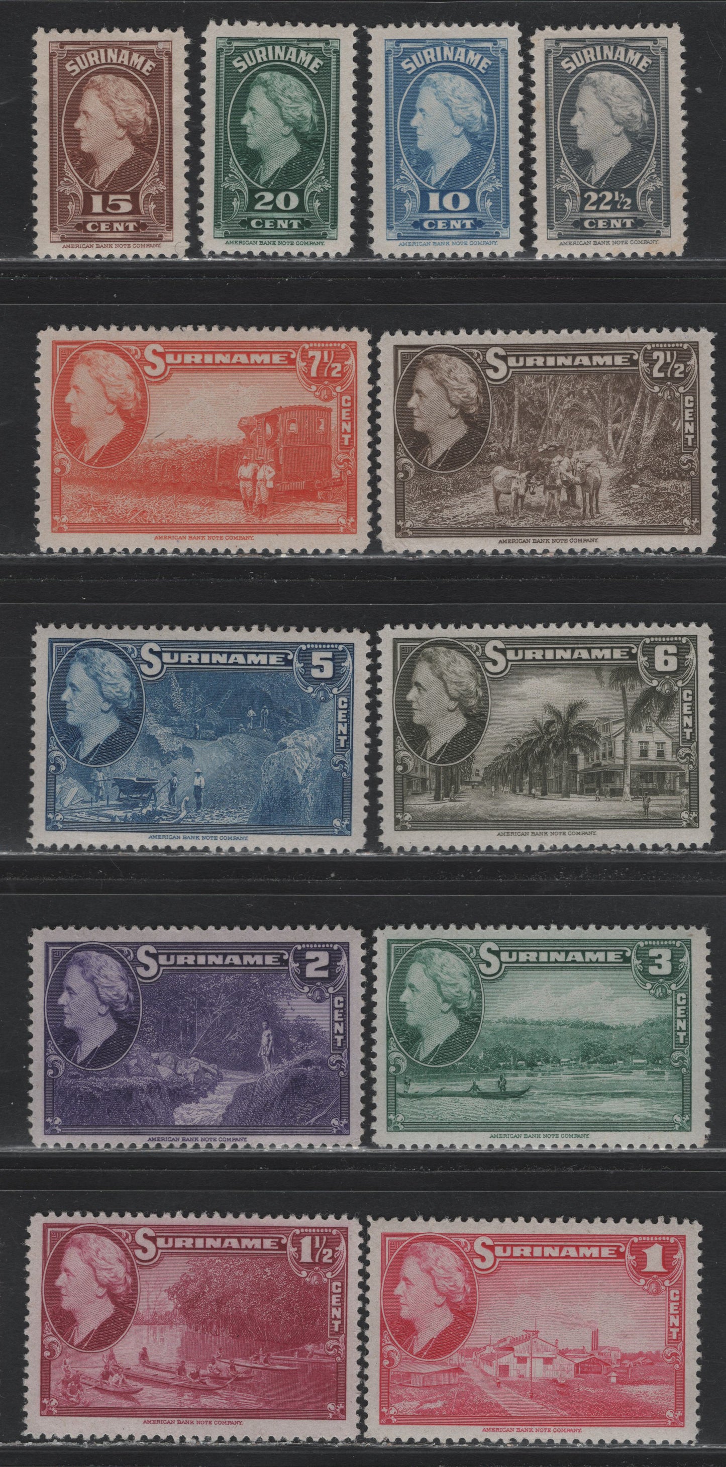 Lot 267 Surinam SC#184-188, 190-196 1c - 22.5c Rose Carmine - Gray , 1945 Pictorial Issue With Queen Wilhelmina, 12 VFOG Singles
