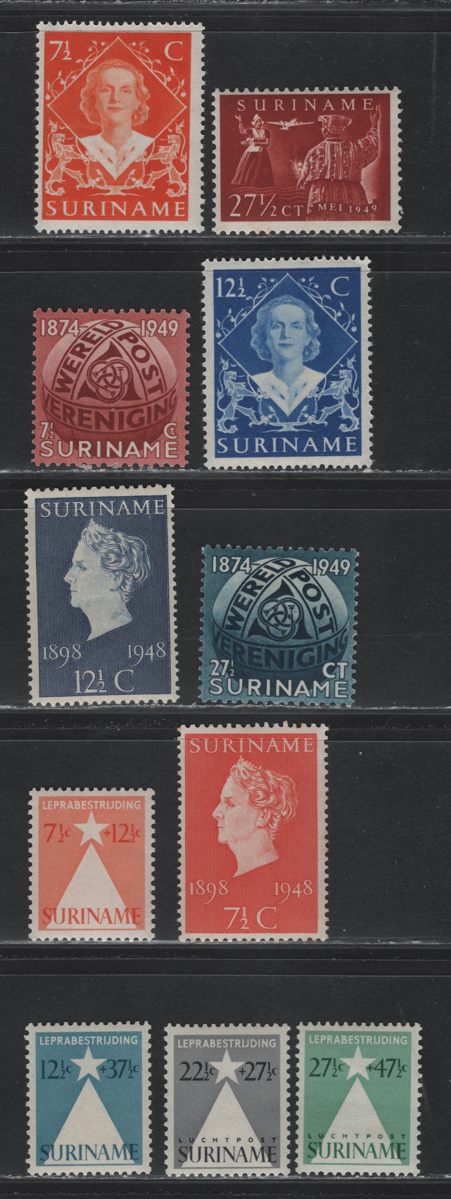 Lot 270 Surinam SC#234-239, B47-B48, C26, CB4-CB5 7.5c - 27.5c+47.5c Vermillion - Green , 1947-1948 50th Anniv of Queen Wilhelmina - Airmail Semi Postals, 11 F/VFOG Singles