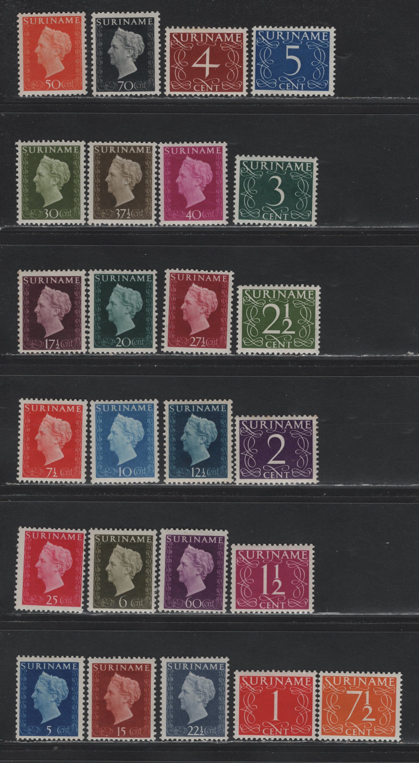 Lot 271 Surinam SC#211-233, 241-242 1c - 70c Dark Red - Black , 1948 Numeral & Queen Wilhelmina Issue, 25 F/VFOG Singles