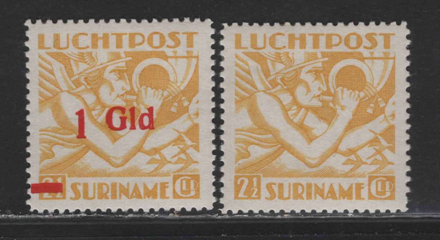 Lot 273 Surinam SC#C17, C24 2.5g - 1g on 2.5g Yellow , 1941-1945 Airmail Issues, 2 VFOG/NH Singles, 2.5g Is NH & Surcharge Is LH