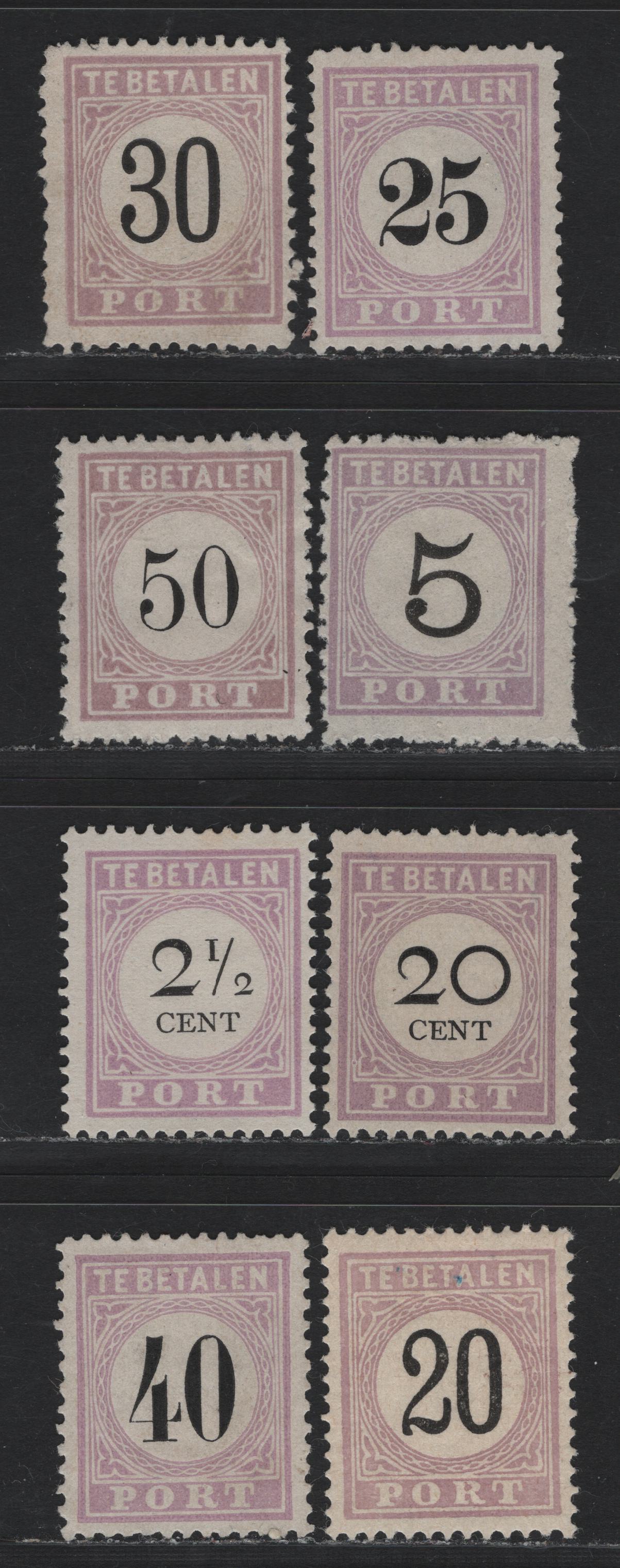Lot 276 Surinam SC#J2/J7, J9, J12 5c - 20c Lilac & Black , 1866-1896 Postage Dues, 8 F/VFOG & Unused Singles, All Type III, No Gum As Issued, Except 20c (J4) Which Has Gum.