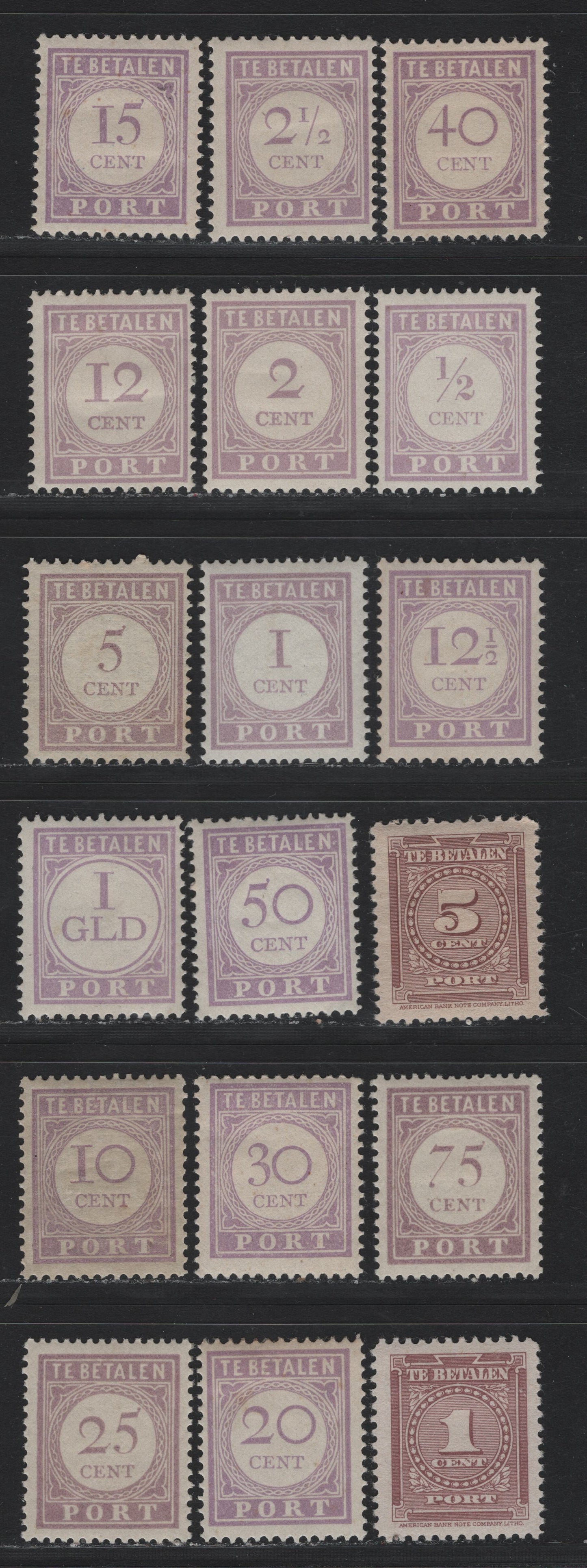 Lot 277 Surinam SC#J17-J34 1/2c - 5c Lilac - Light Brown Violet , 1913-1945 Postage Dues, 18 F/VFOG & Unused Singles, 40c Has No Gum As Issued, Perfs 12.5 & 13.5x12.5