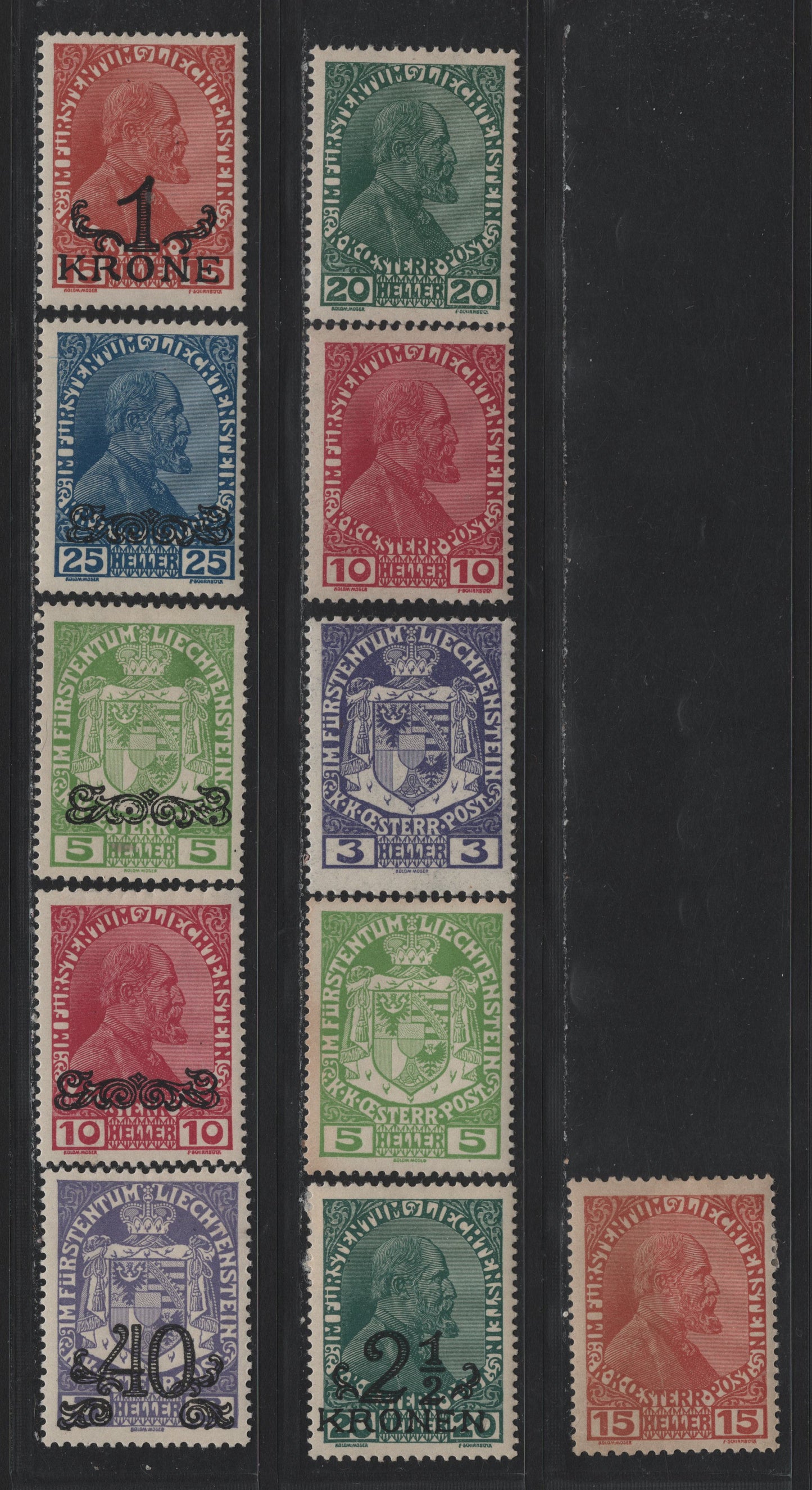 Lot 278 Liechtenstein SC#4-8, 11-16 3h -2.5k on 20h Violet - Dark Green , 1917-1920 Arms & Prince Johann II - Surcharged Issues, 11 F/VFOG Singles