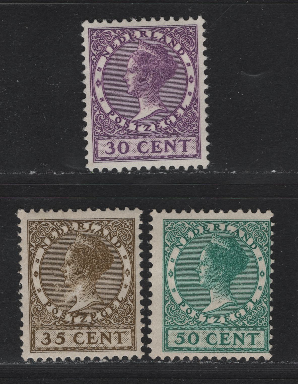 Lot 28 Netherlands SC#156-157, 159 30c - 50c Violet - Blue Green , 1924-1926 Gull & Photogravure Wilhelmina Issues, 3 F/VFOG Singles, Small Surface Scuff on 35c