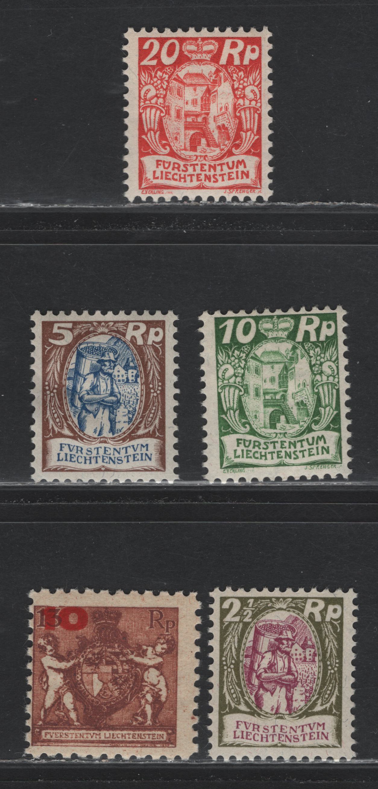 Lot 281 Liechtenstein SC#71, 74-75, 78-79 10rp on 13rp - 20rp , 1924-1928 Surcharges - Peasant & Gov't Palace Issues, 5 FNH/F/VFOG Singles