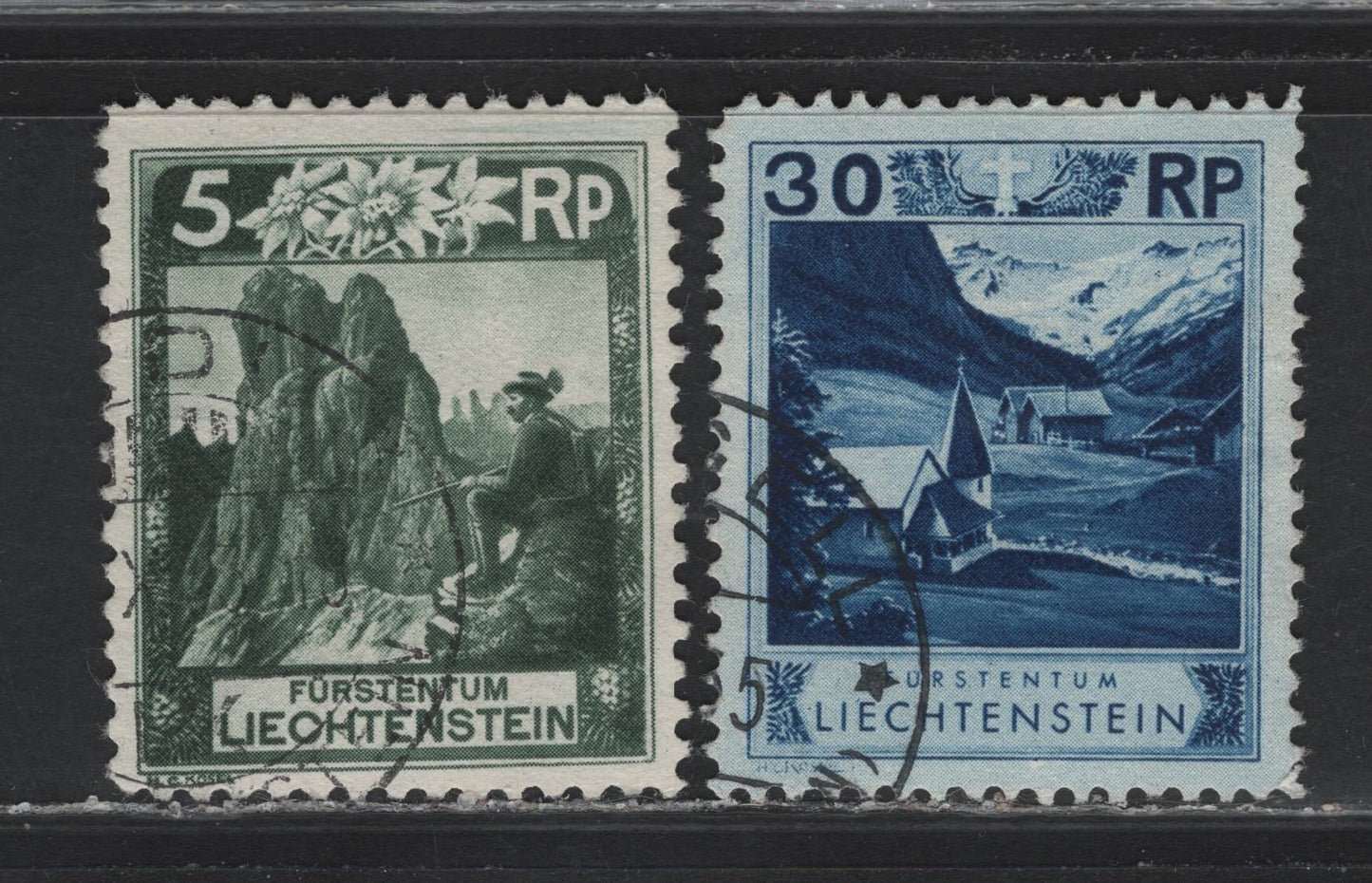 Lot 283 Liechtenstein SC#95, 99b 5rp - 30r Deep Green - Deep Ultramarine , 1930 Pictorial Issue, 2 VFOG Singles, Perf 11.5