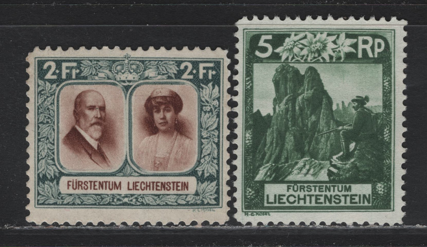 Lot 285 Liechtenstein SC#95a, 107 2fr - 5rp Gray Green & Red Brown - Deep Green , 1930 Pictorial Issue, 2 Fine/Very Fine Unused Singles, Perfs 10.5 (2fr) & 11.5 (4rp), 2fr Has A Shallow Thin