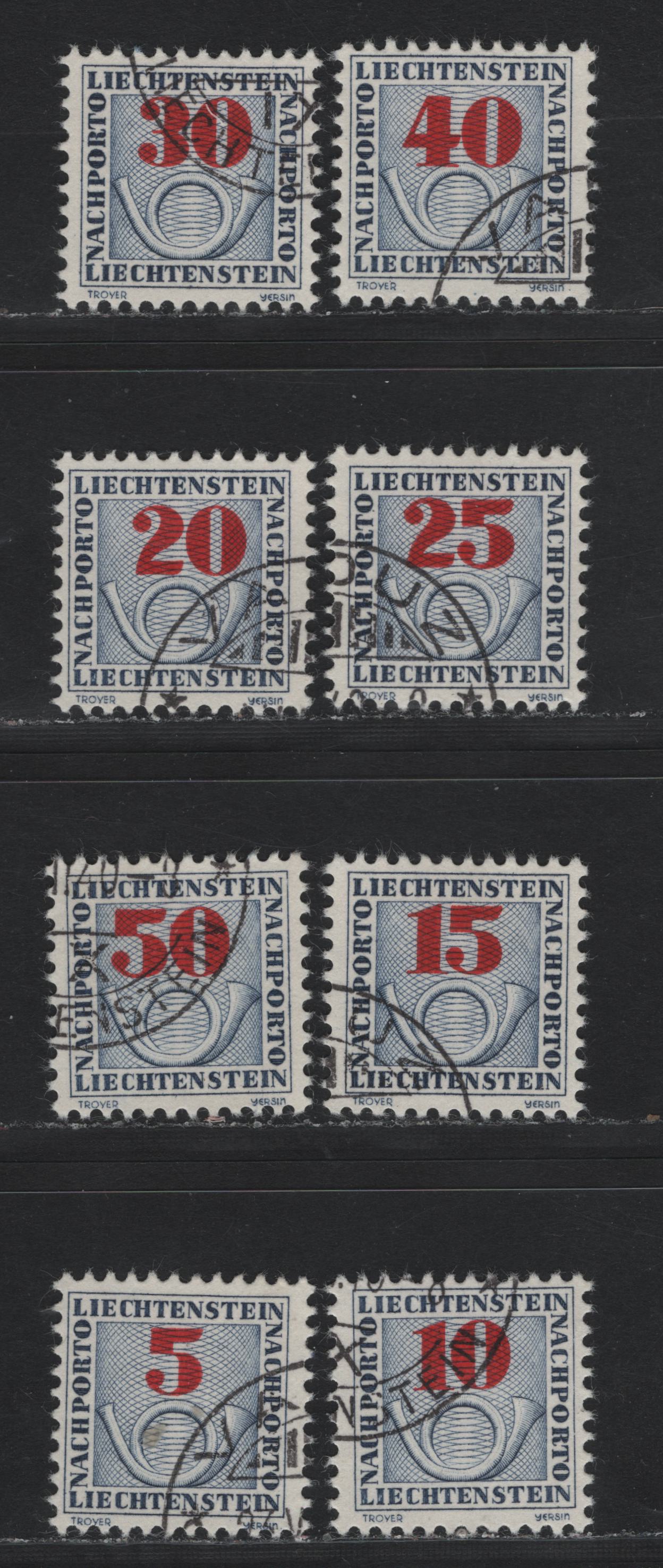 Lot 289 Liechtenstein SC#J21-J28 5rp - 50rp Gray Blue & Dark Red - Gray Blue & Dark Red , 1940 Postage Dues, 8 Very Fine Used Singles