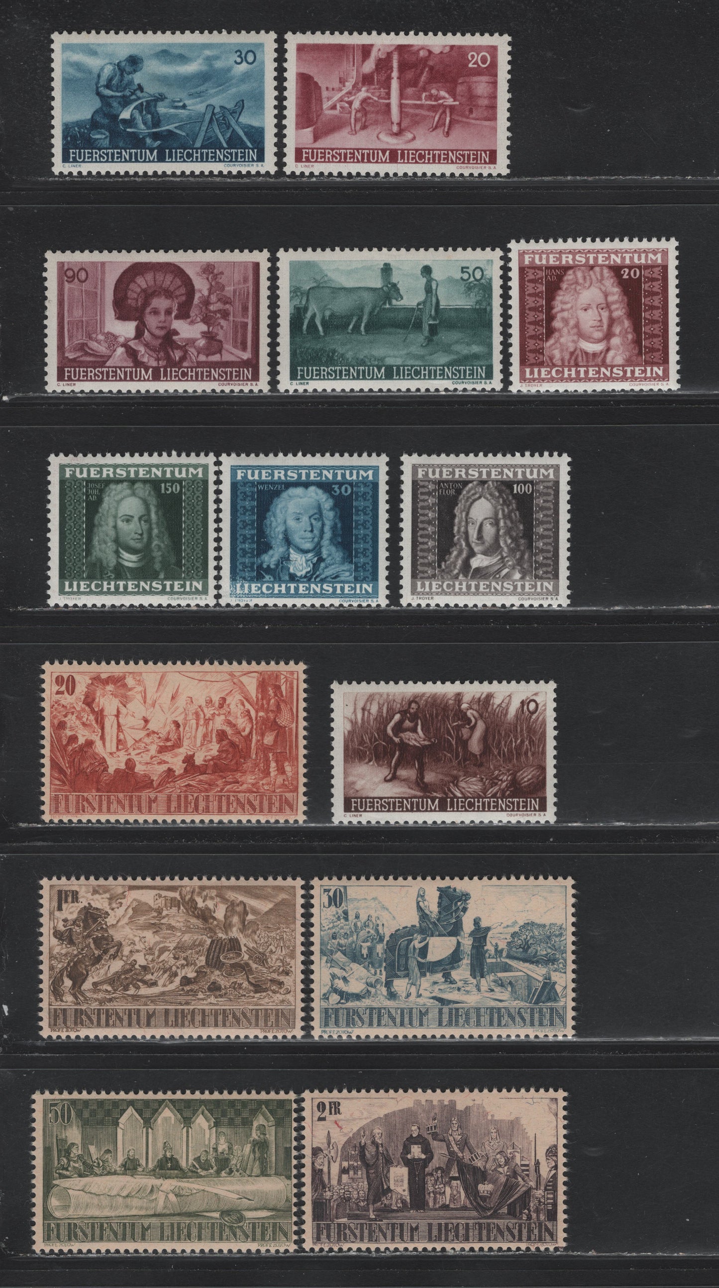 Lot 293 Liechtenstein SC#166-170, 172-180 10rp - 2fr Dull Red Brown - Viole Black on Buff , 1941-1942 Farming - 600th Anniv of The Separation of Liechtenstein From House of Monfort Issues, 14 F/VFOG Singles