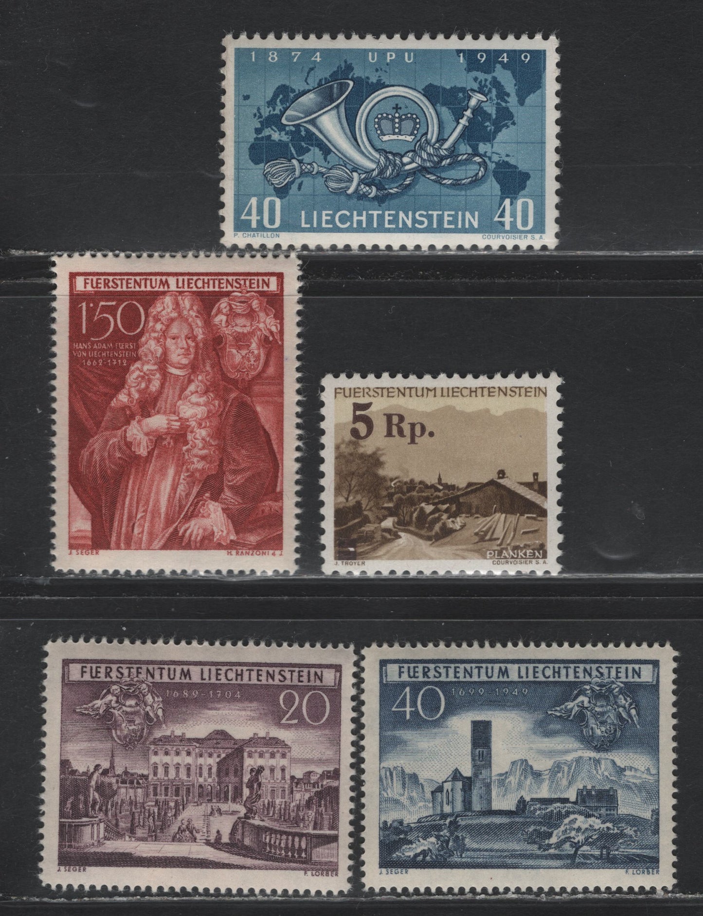 Lot 296 Liechtenstein SC#237, 239-242 40rp - 15rp Blue & Indigo - Brown Red , 1949 75th Anniv of UPU - 250th Anniv of Purchase of Former Dukedom of Schellenberg Issues, 5 VFOG Singles