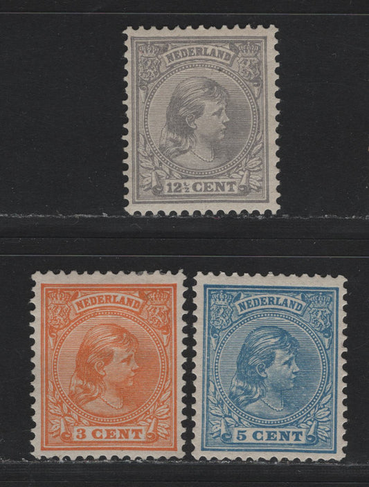 Lot 3 Netherlands SC#40, 41a, 44a 3c - 12.5c Orange - Gray Princess Wilhelmina, 1891-1894 Princess Wilhelmina Issue, 3 F/VFOG Singles, Small Thin on 3c